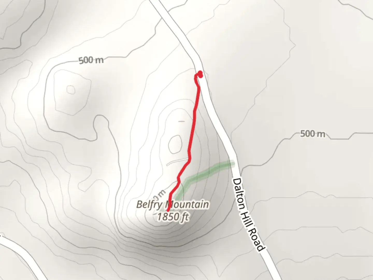 An image depicting the trail Belfry Mountain from Dalton Hill Road Out and Back and its surrounding area.