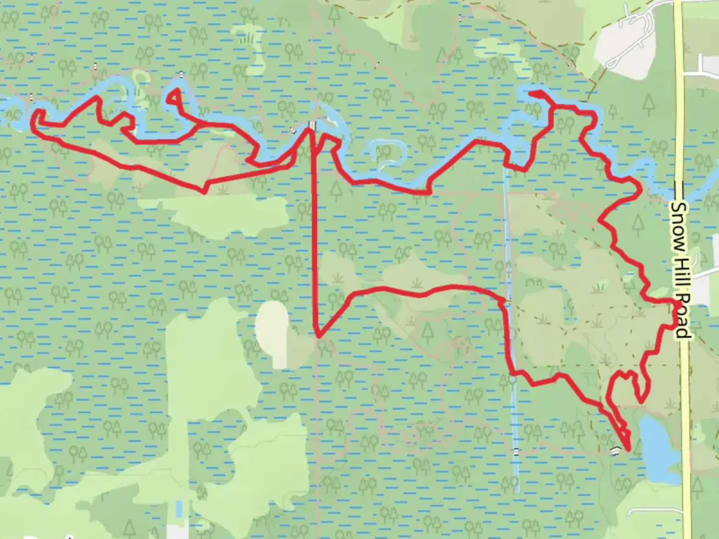 An image depicting the trail Snake, Outback and River Loop Trail and its surrounding area.