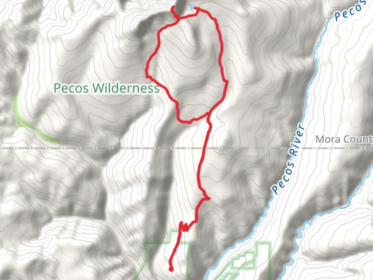 An image depicting the trail Beatty's, Pecos Baldy Lake, East Pecos and Rito Perros Loop Trail and its surrounding area.