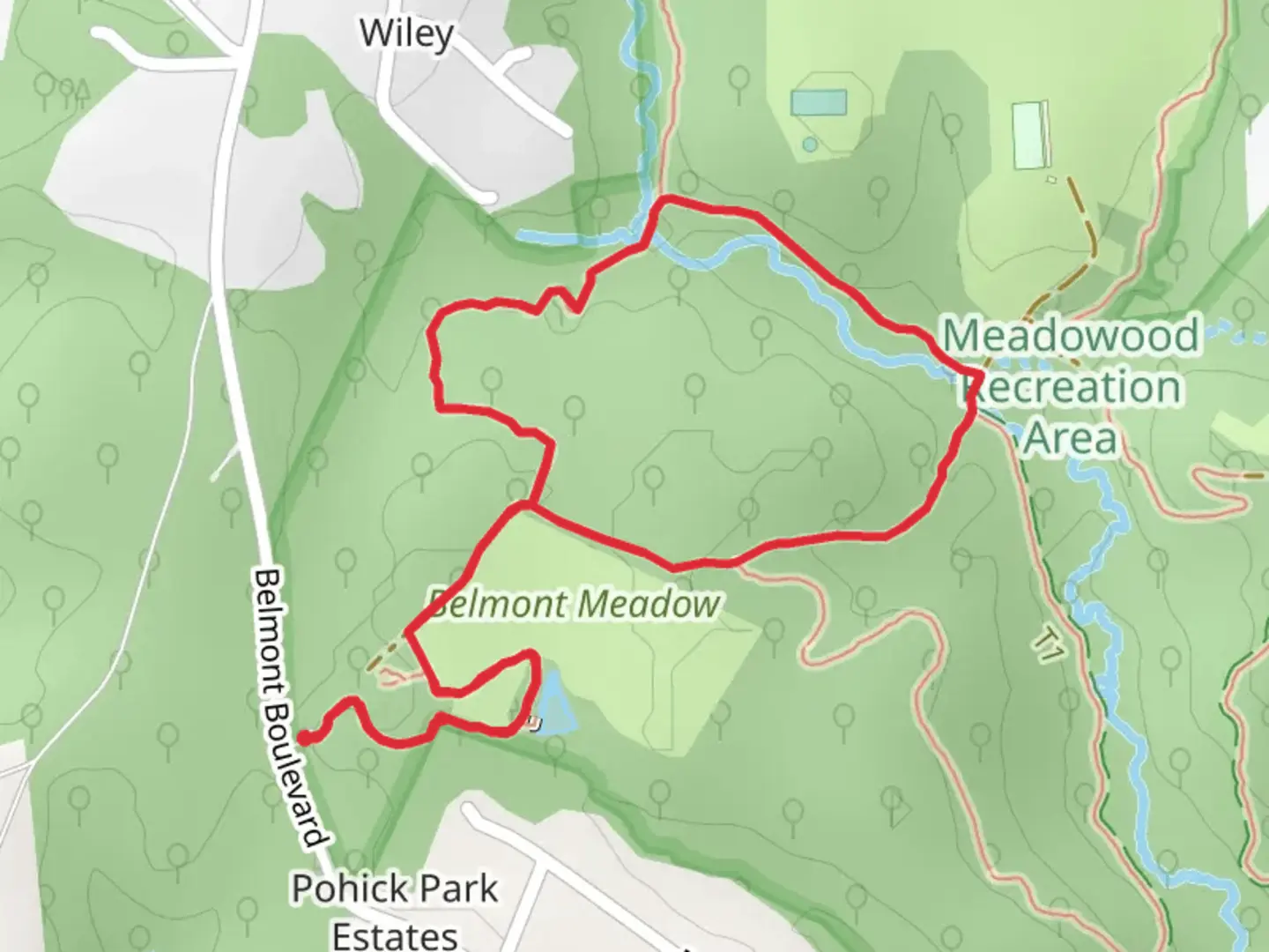 An image depicting the trail Wood Thrush Loop via Hidden Pond Trail and its surrounding area.