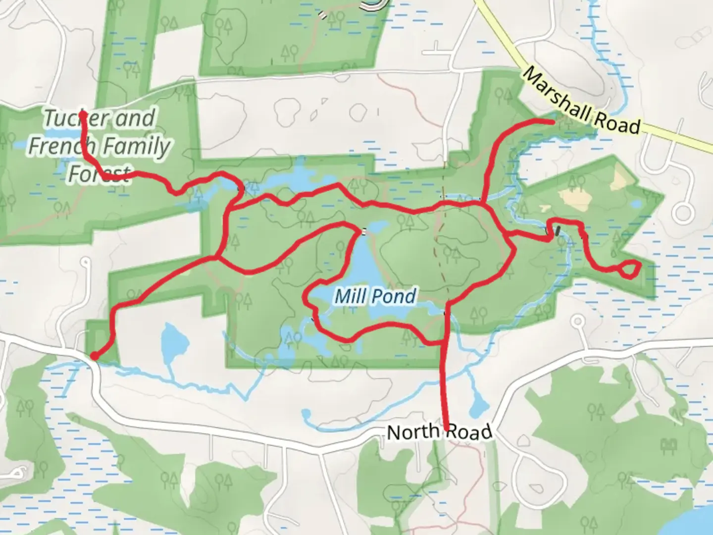 An image depicting the trail Tucker and French Family Forest and Mill Pond Loop and its surrounding area.