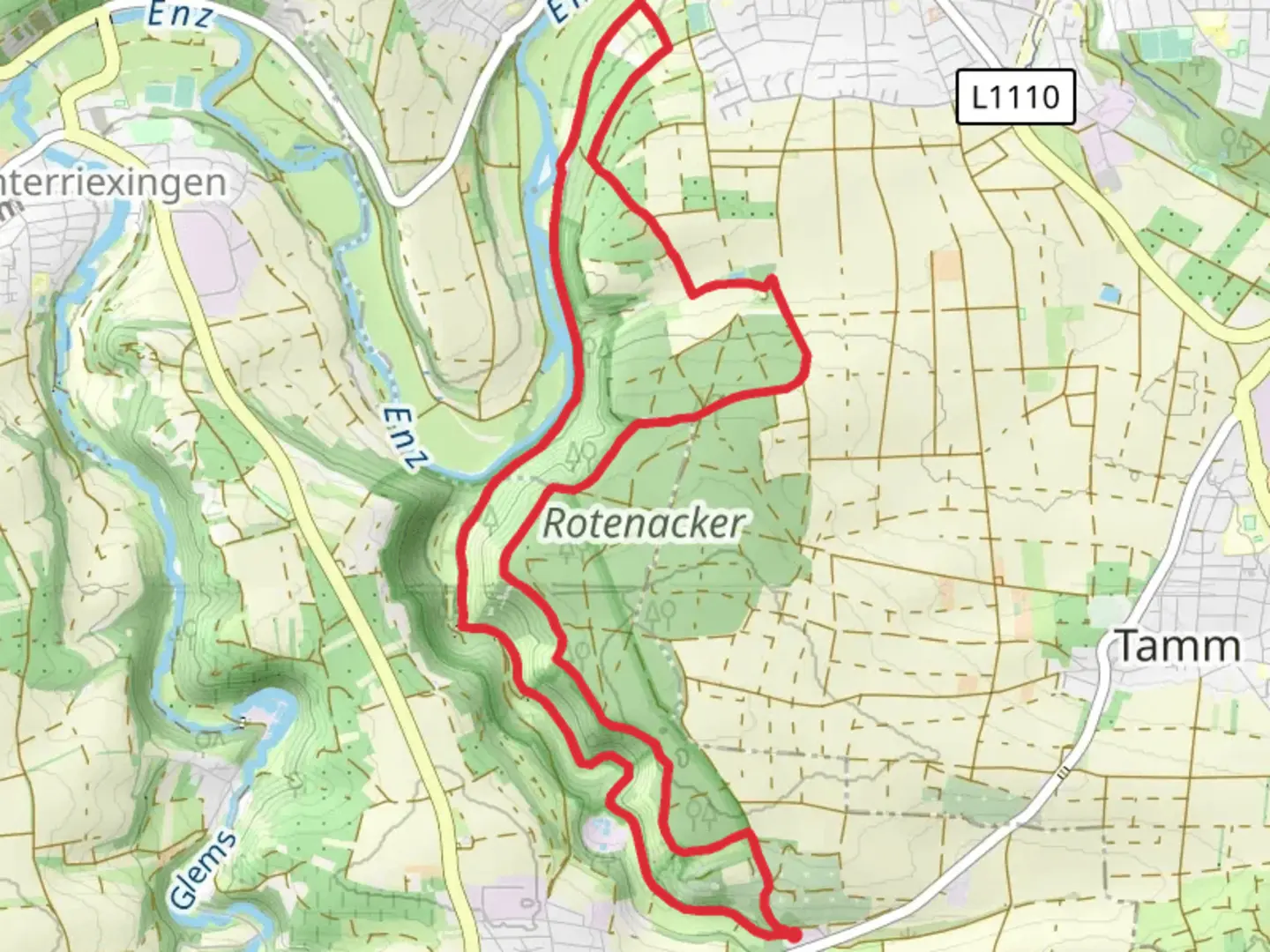 An image depicting the trail Ludwigsburg and Floesserweg and its surrounding area.