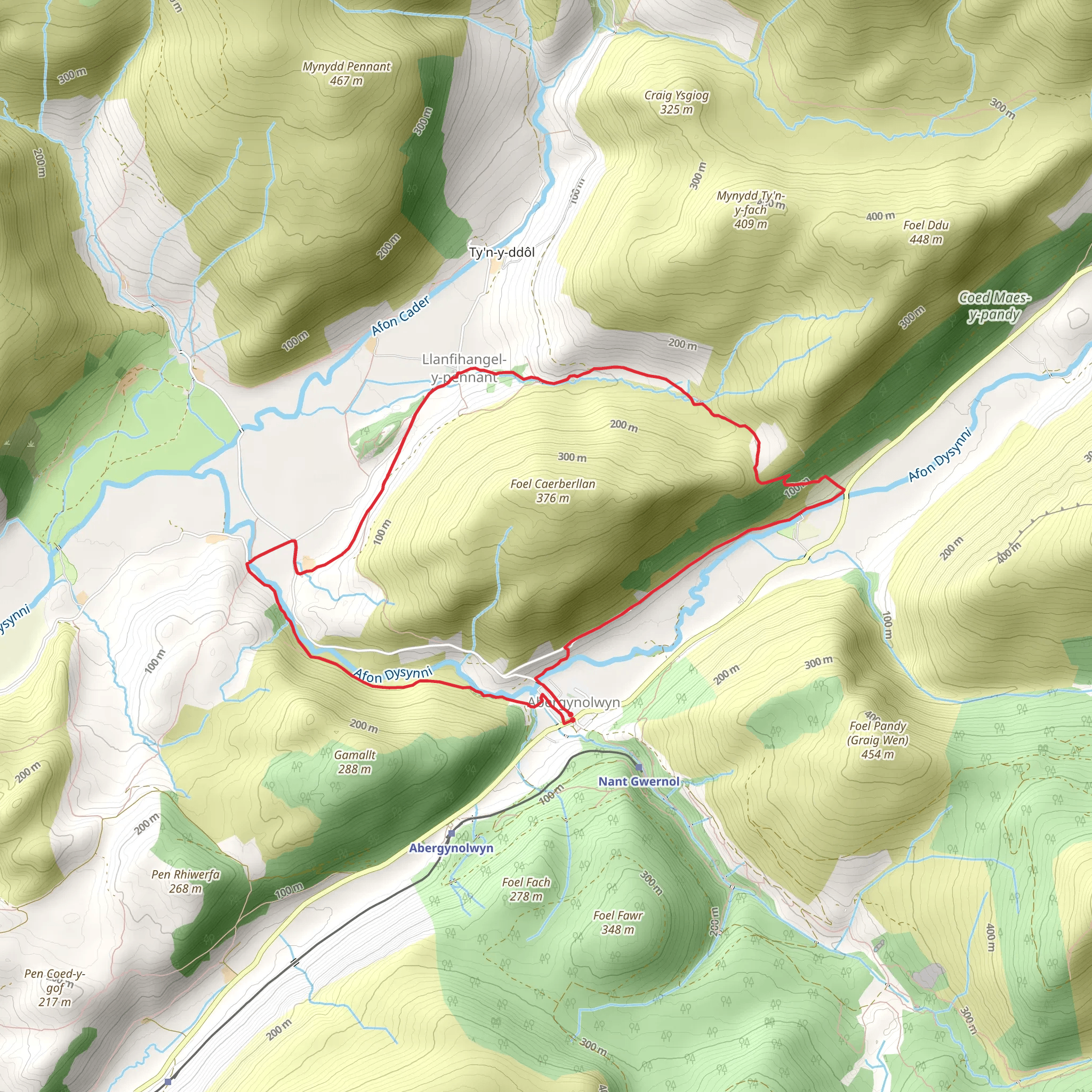 Castell y Bere and Llanfihangel-y-pennant from Abergynolwyn mobile static map