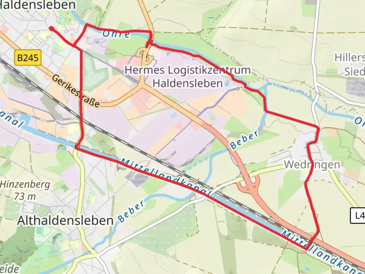 An image depicting the trail Haldensleben Loop via Mittellandkanal and its surrounding area.