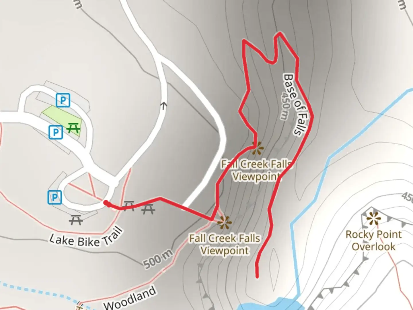 An image depicting the trail Base of Falls and its surrounding area.
