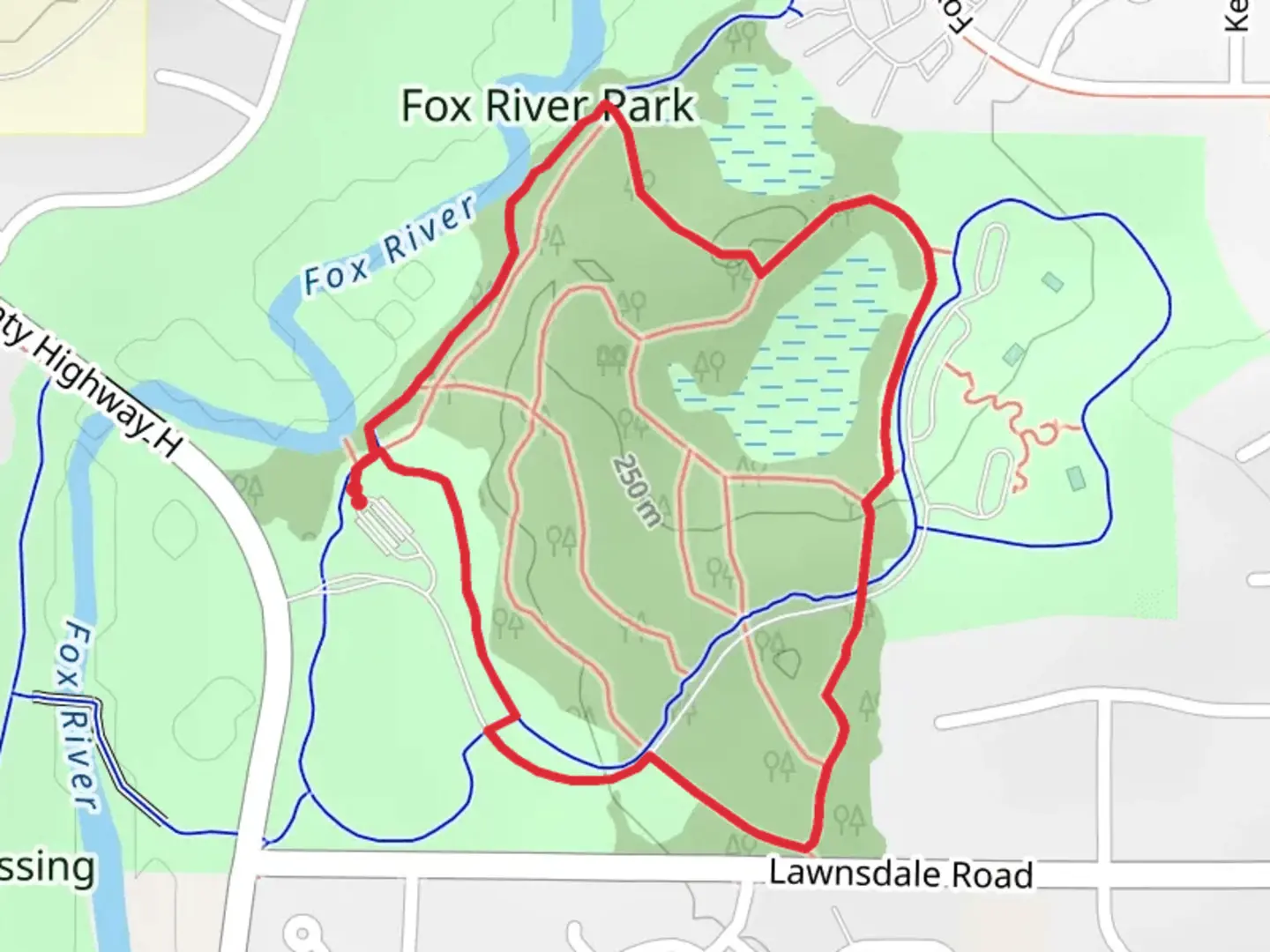 An image depicting the trail Fox River Park Loop and its surrounding area.