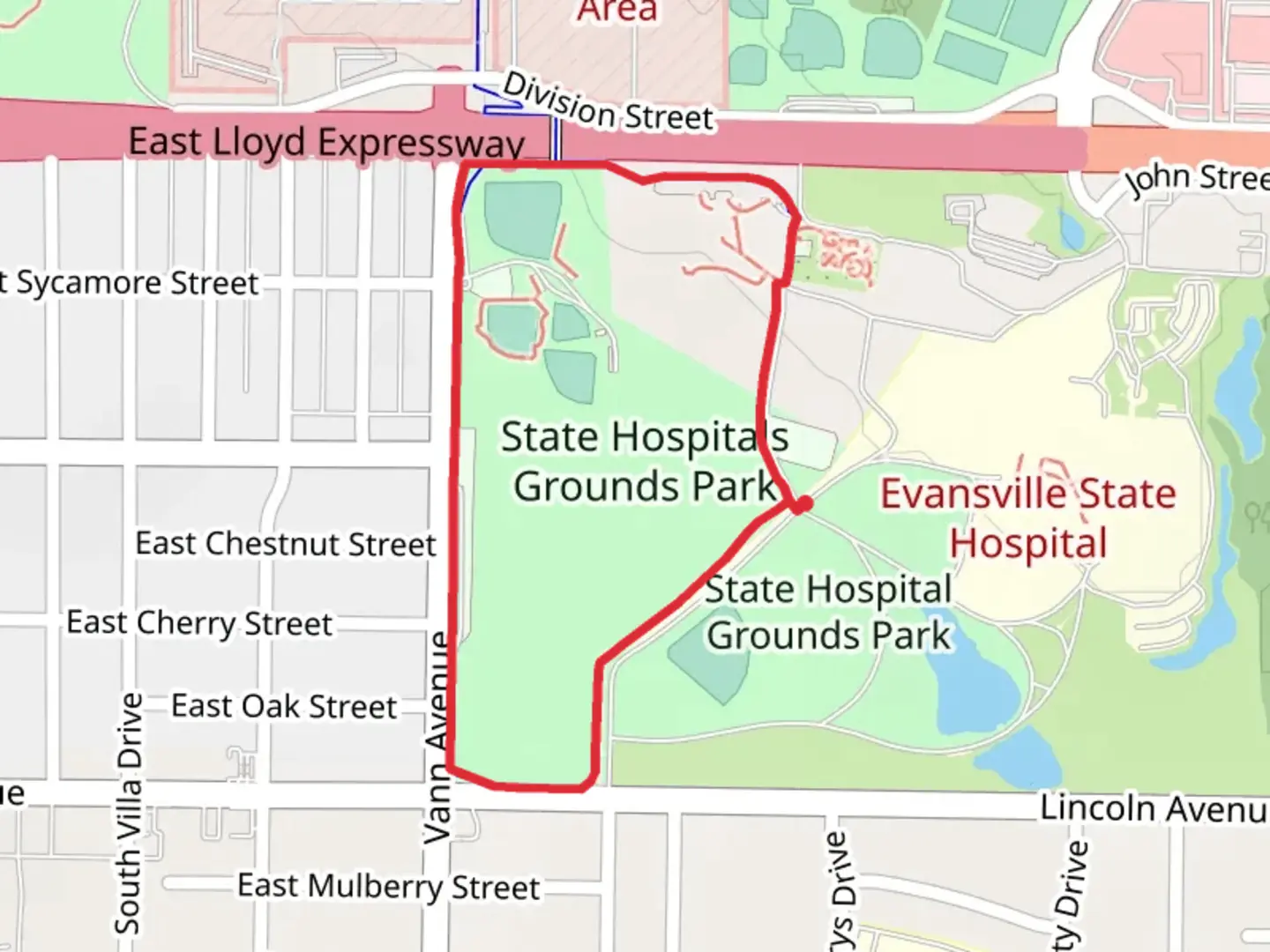 An image depicting the trail State Hospitals Grounds Park Loop and its surrounding area.