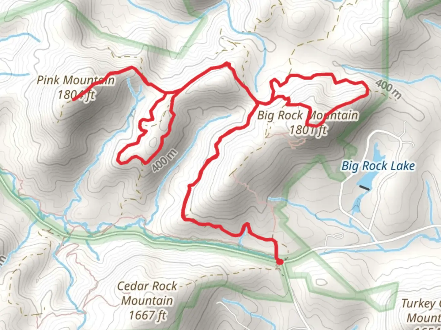 An image depicting the trail Big Rock Mountain, Pink Mountain and Four Towers Loop Trail and its surrounding area.