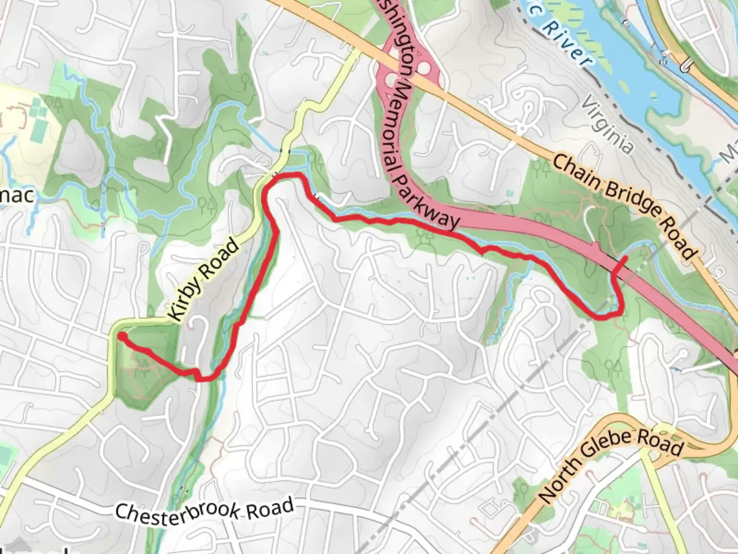 An image depicting the trail Pimmit Run Trail Out and Back and its surrounding area.
