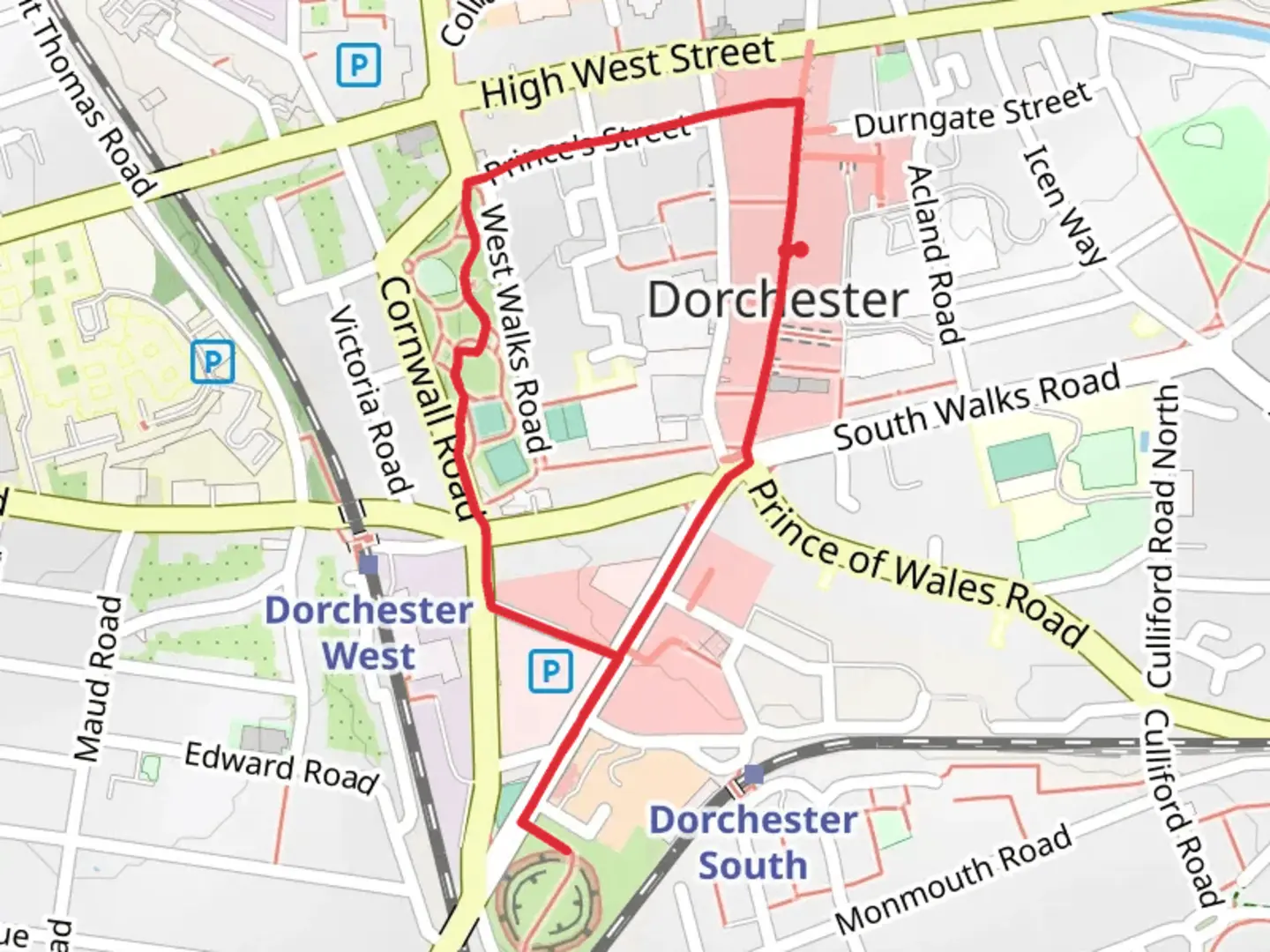 An image depicting the trail Borough Gardens and Maumbury rings Roman Amphitheatre and its surrounding area.