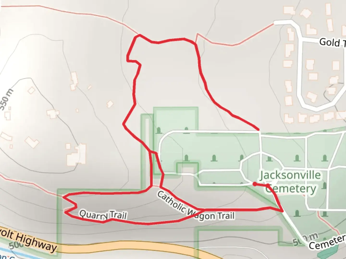 An image depicting the trail Quarry Trail and Catholic Wagon Trail and its surrounding area.