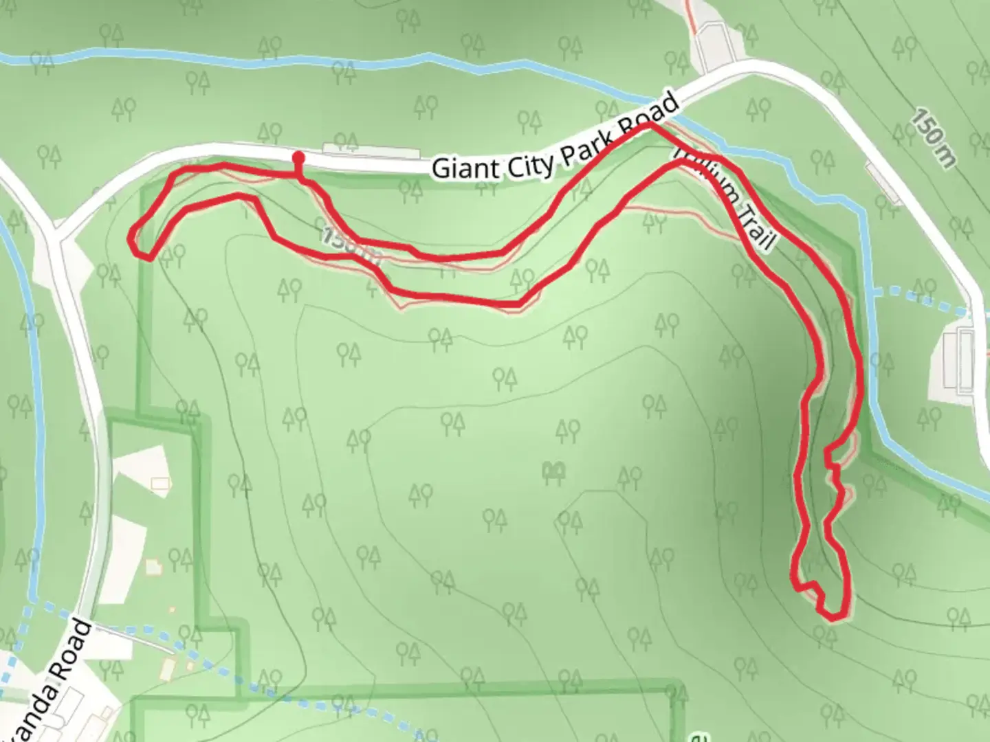 An image depicting the trail Trillium Trail from Giant City Park Road and its surrounding area.