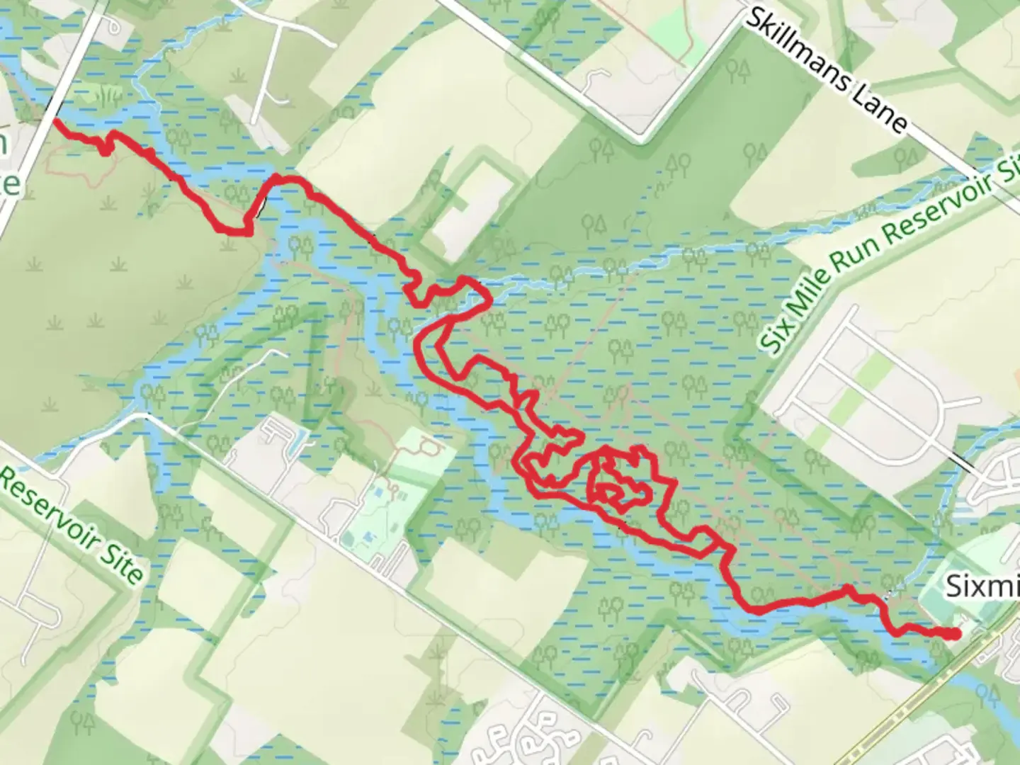 An image depicting the trail Red Loop Trail - Sixmile Run and its surrounding area.