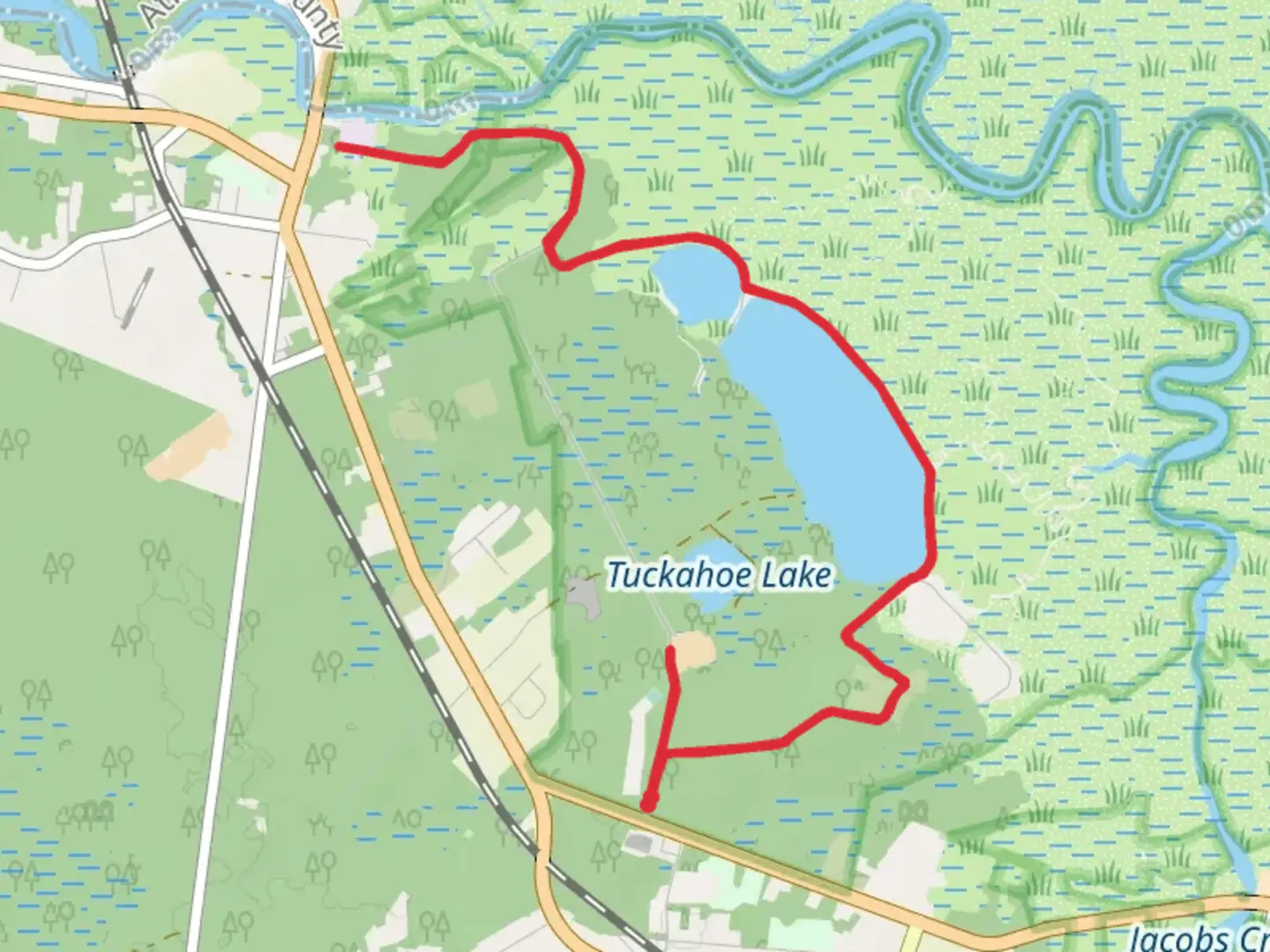An image depicting the trail Tuckahoe Lake Out and Back and its surrounding area.