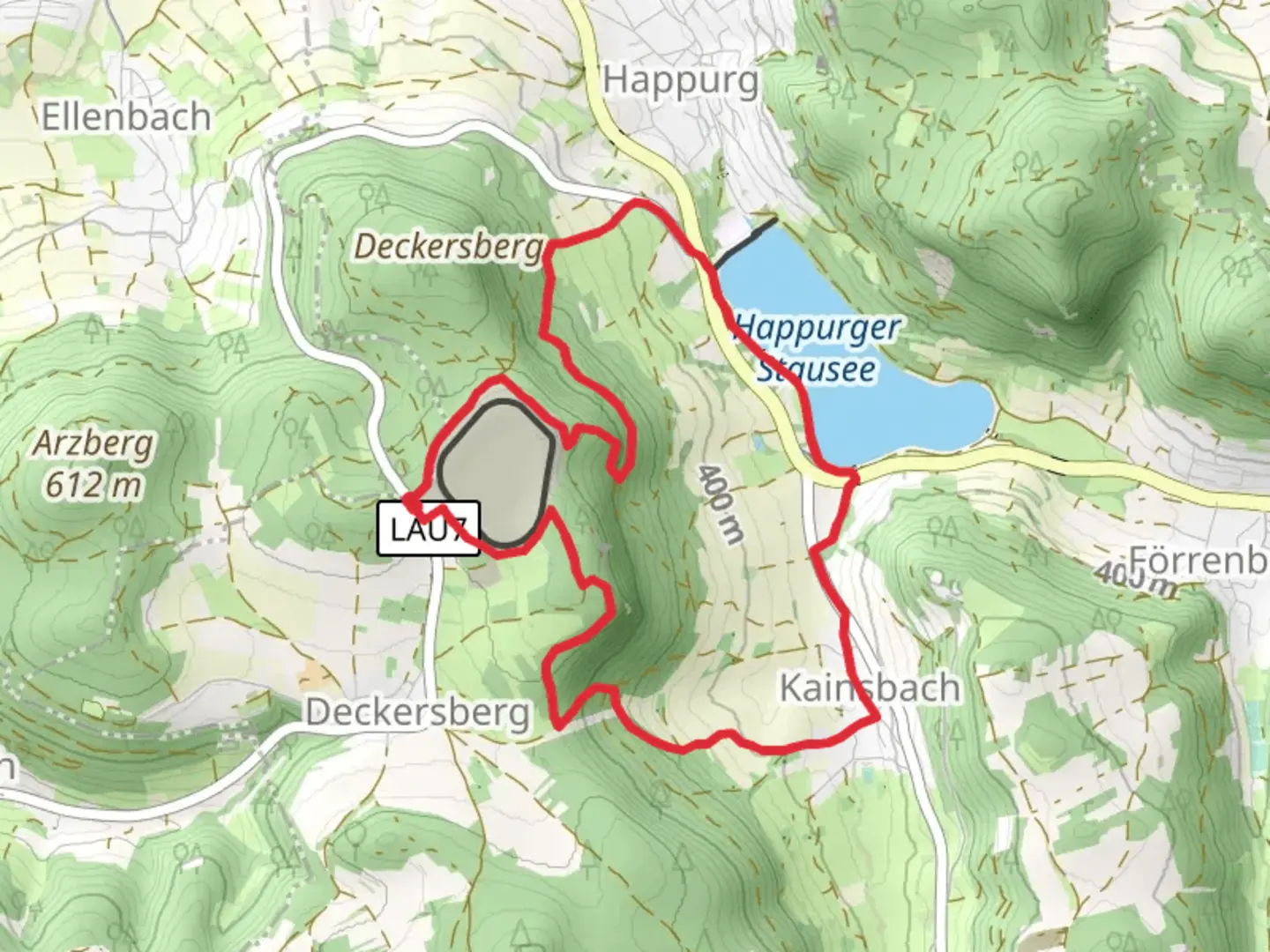 An image depicting the trail Happurger Stausee via Happurg 4 and 5 and its surrounding area.