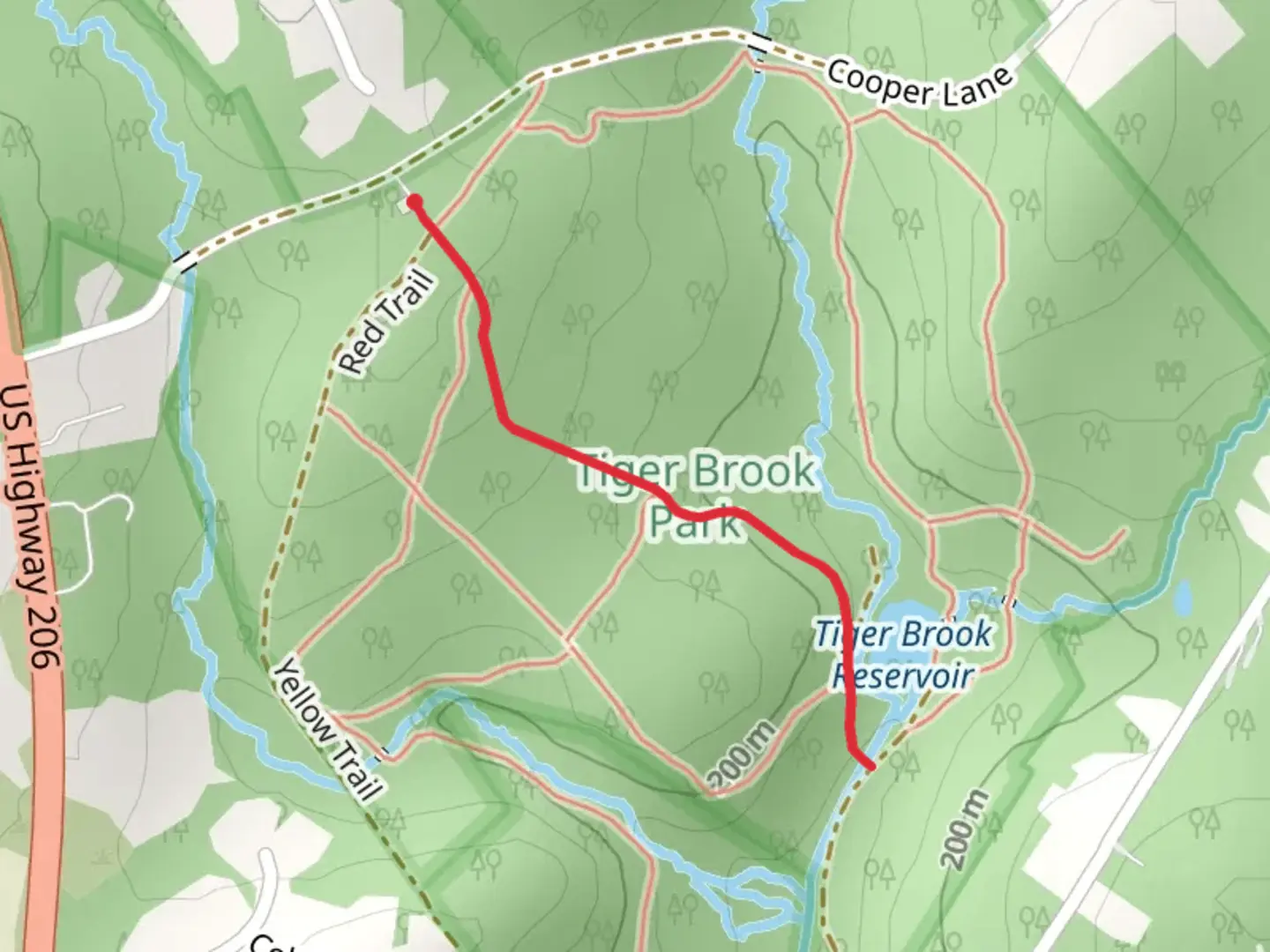 An image depicting the trail Tiger Brook Reservoir and its surrounding area.