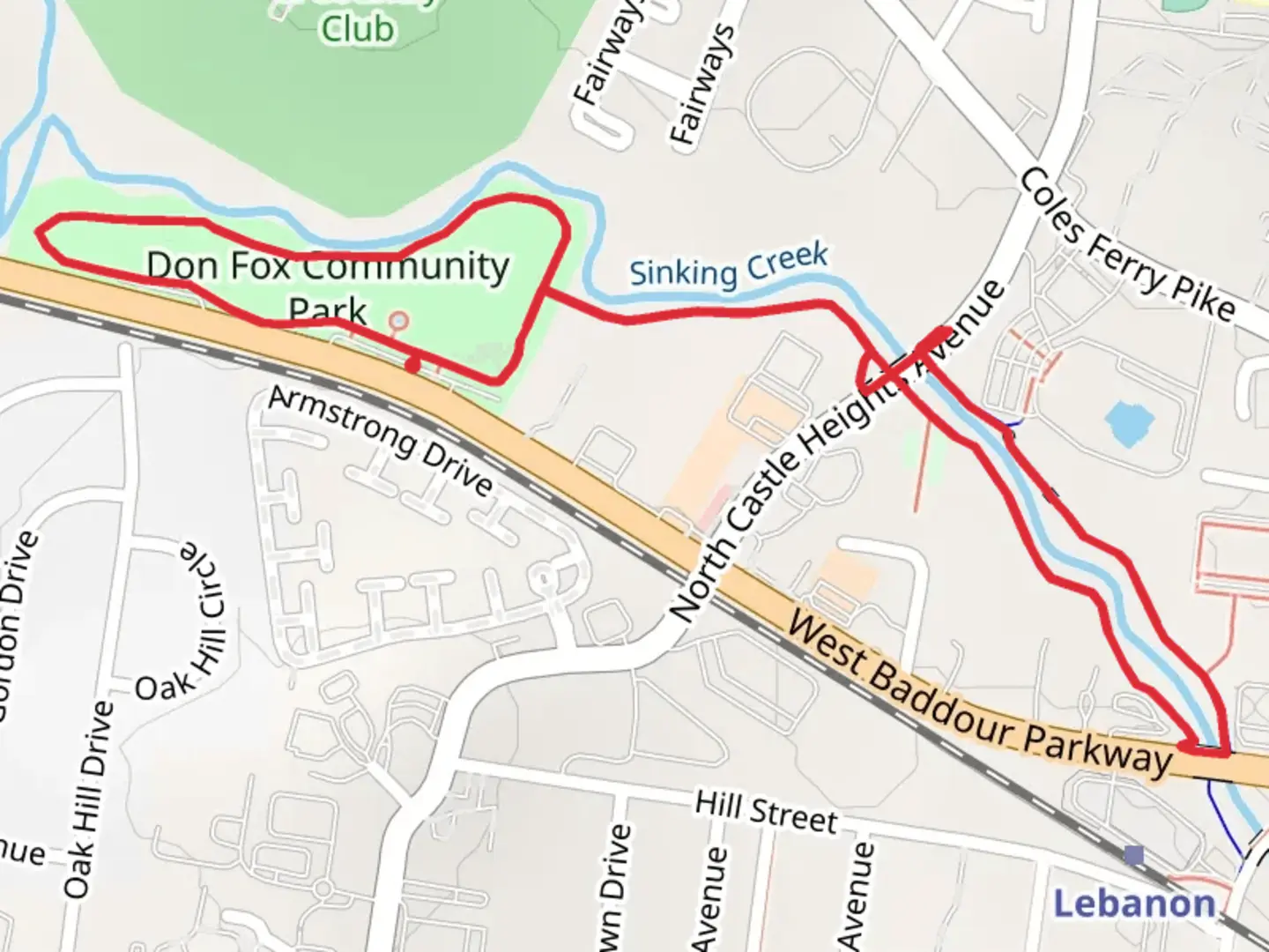 An image depicting the trail Don Fox Community Park and Sinking Creek Loop and its surrounding area.