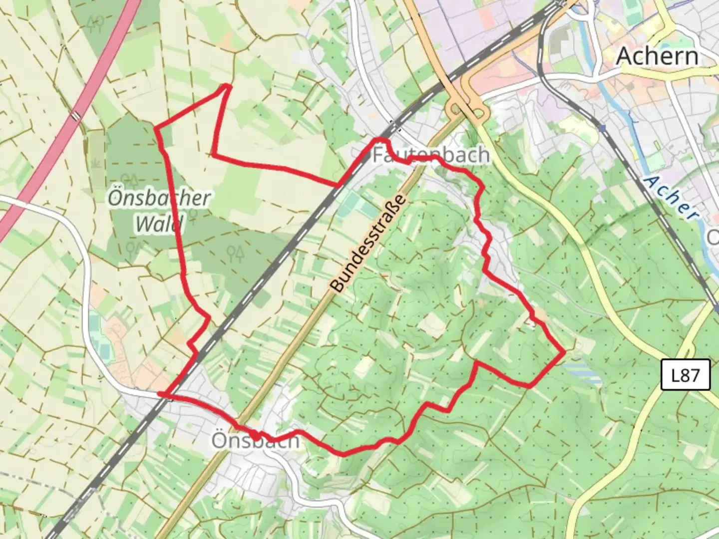 An image depicting the trail Önsbach Ortsmitte - Neufeld and Eselsgasse and its surrounding area.