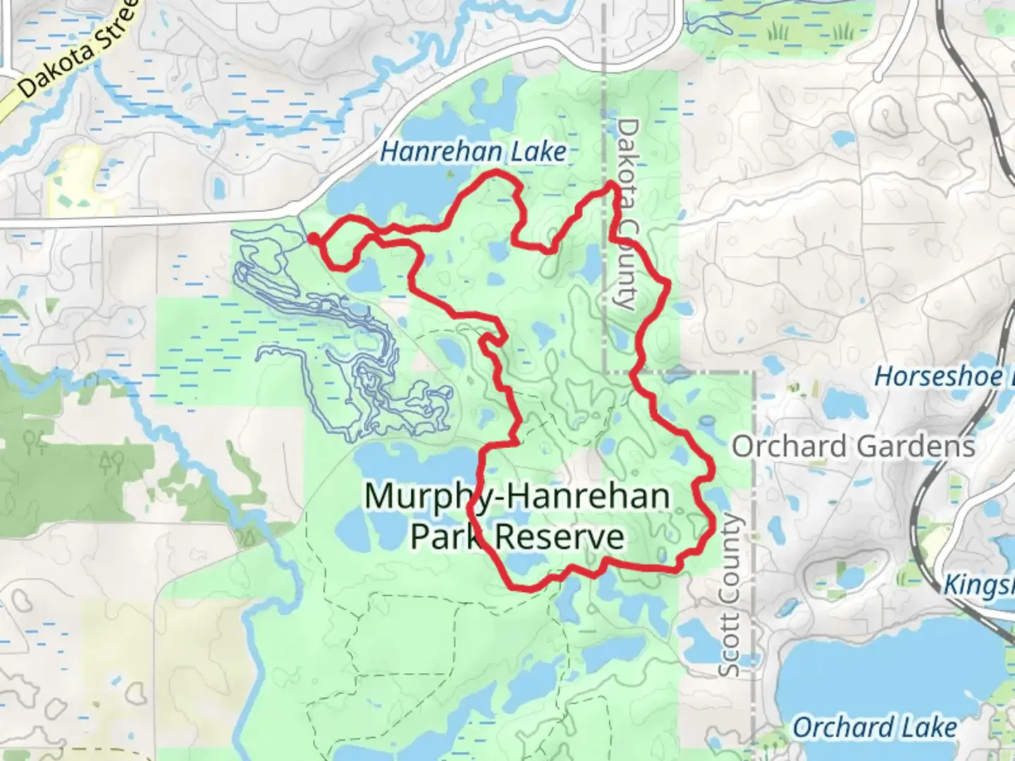 An image depicting the trail Hanrehan Lake to Murphy Lake Loop and its surrounding area.