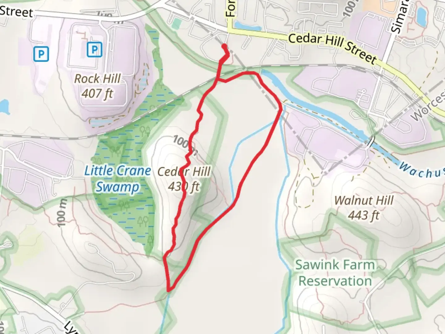 An image depicting the trail Cedar Hill and Crane Swamp Trail Loop and its surrounding area.