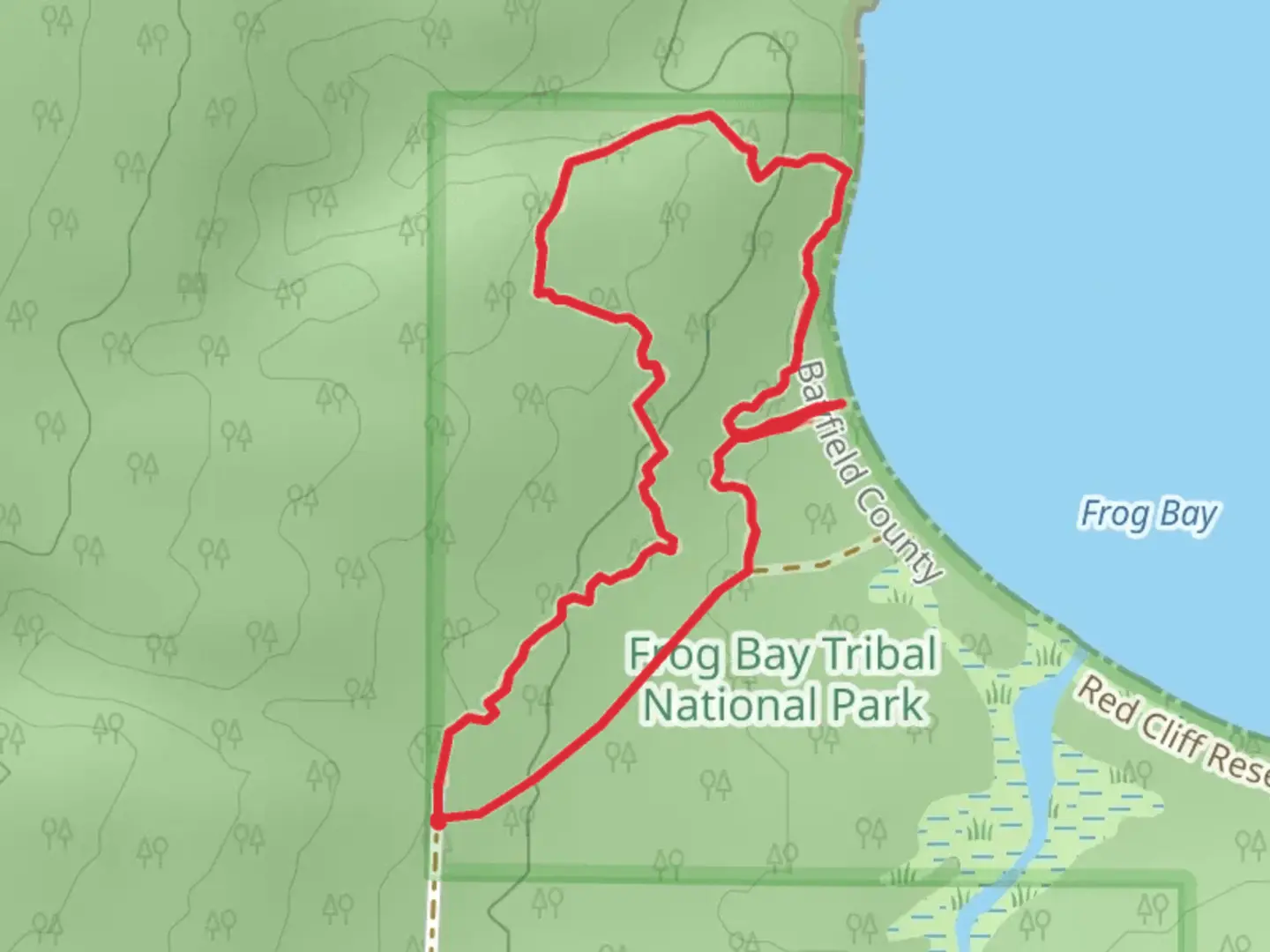 An image depicting the trail Ravine Traila and Frog Bay Road Loop and its surrounding area.