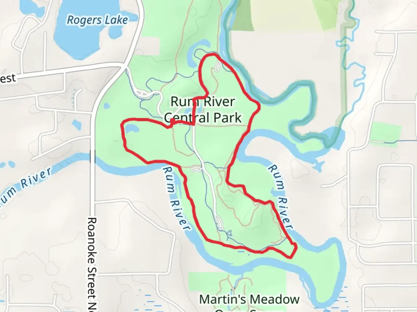 An image depicting the trail Rum River Central Park Loop and its surrounding area.