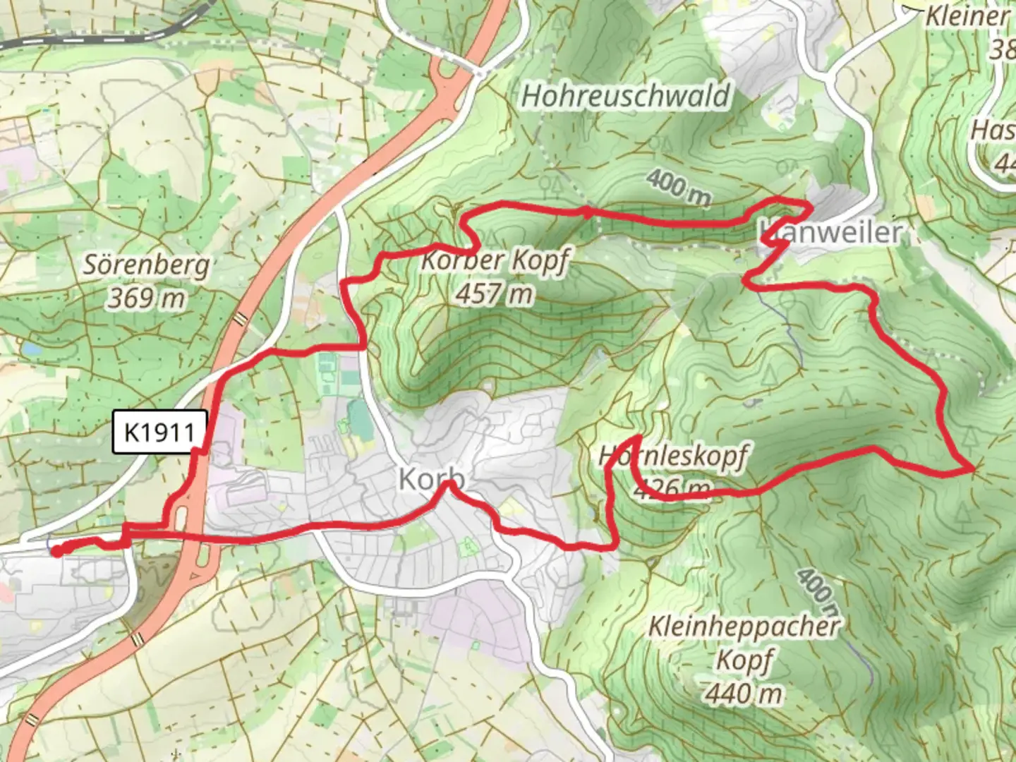 An image depicting the trail Korb and Hanweiler Loop and its surrounding area.