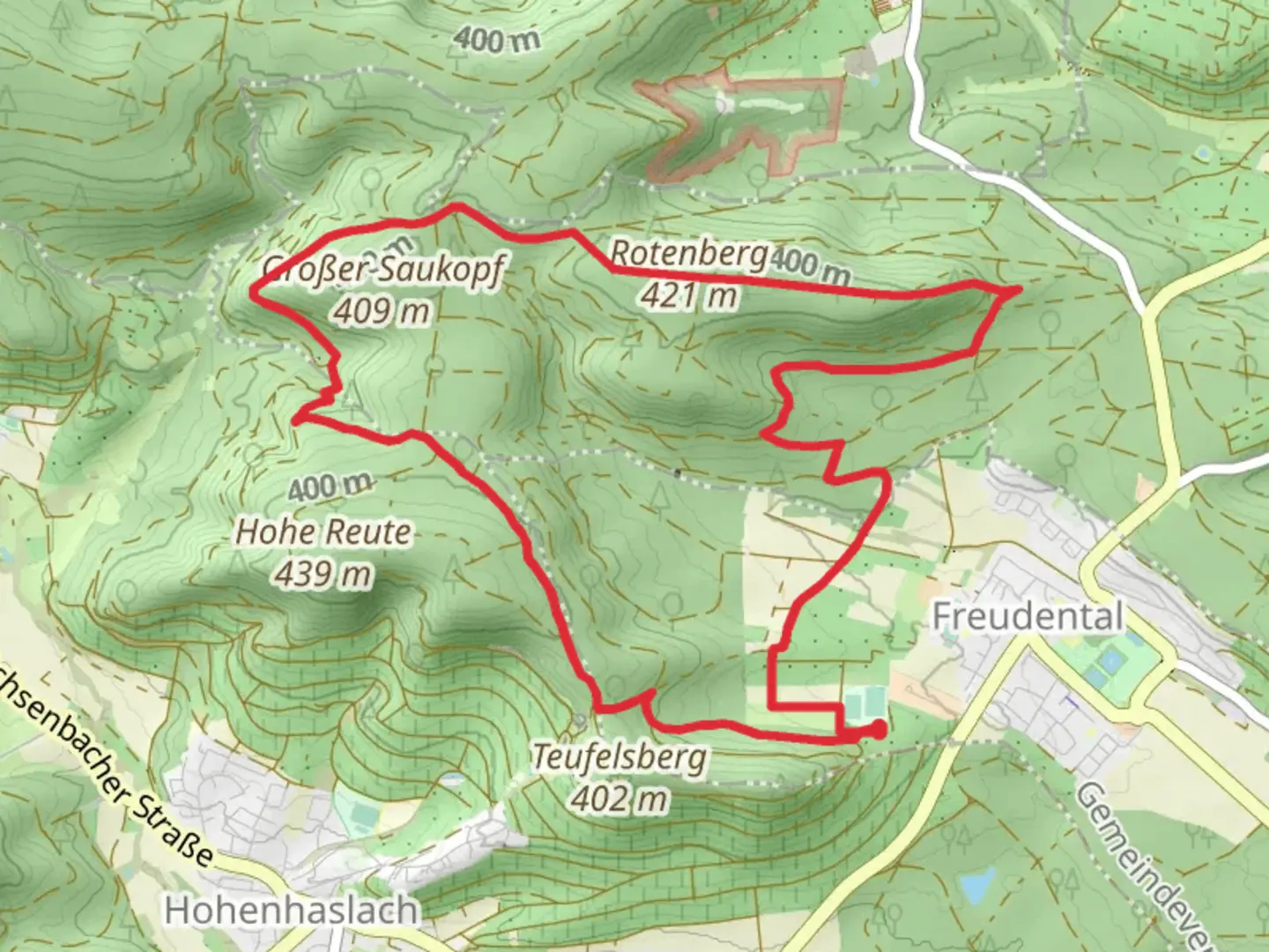 An image depicting the trail Rotenberg via Waldehrpfad and Hohenhaslach and its surrounding area.