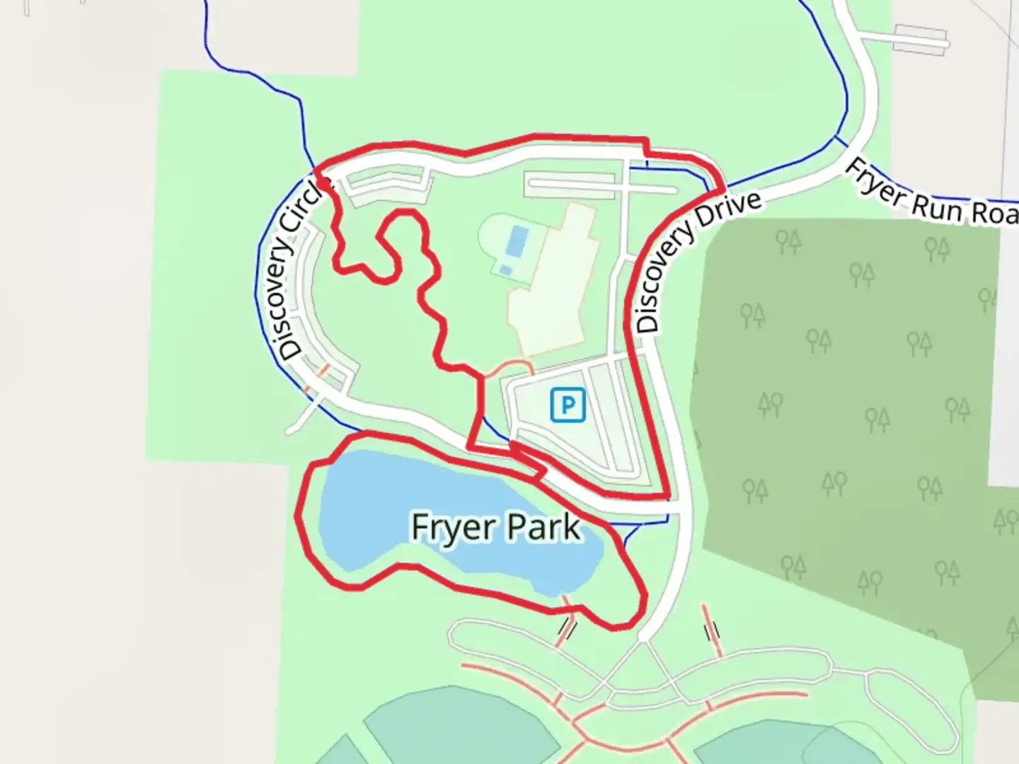 An image depicting the trail Fryer Park Loop and its surrounding area.