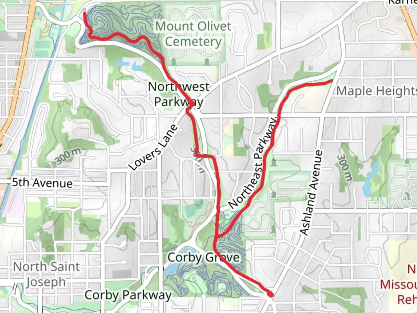 An image depicting the trail Ashland Cemetery and Northeast Parkway and its surrounding area.