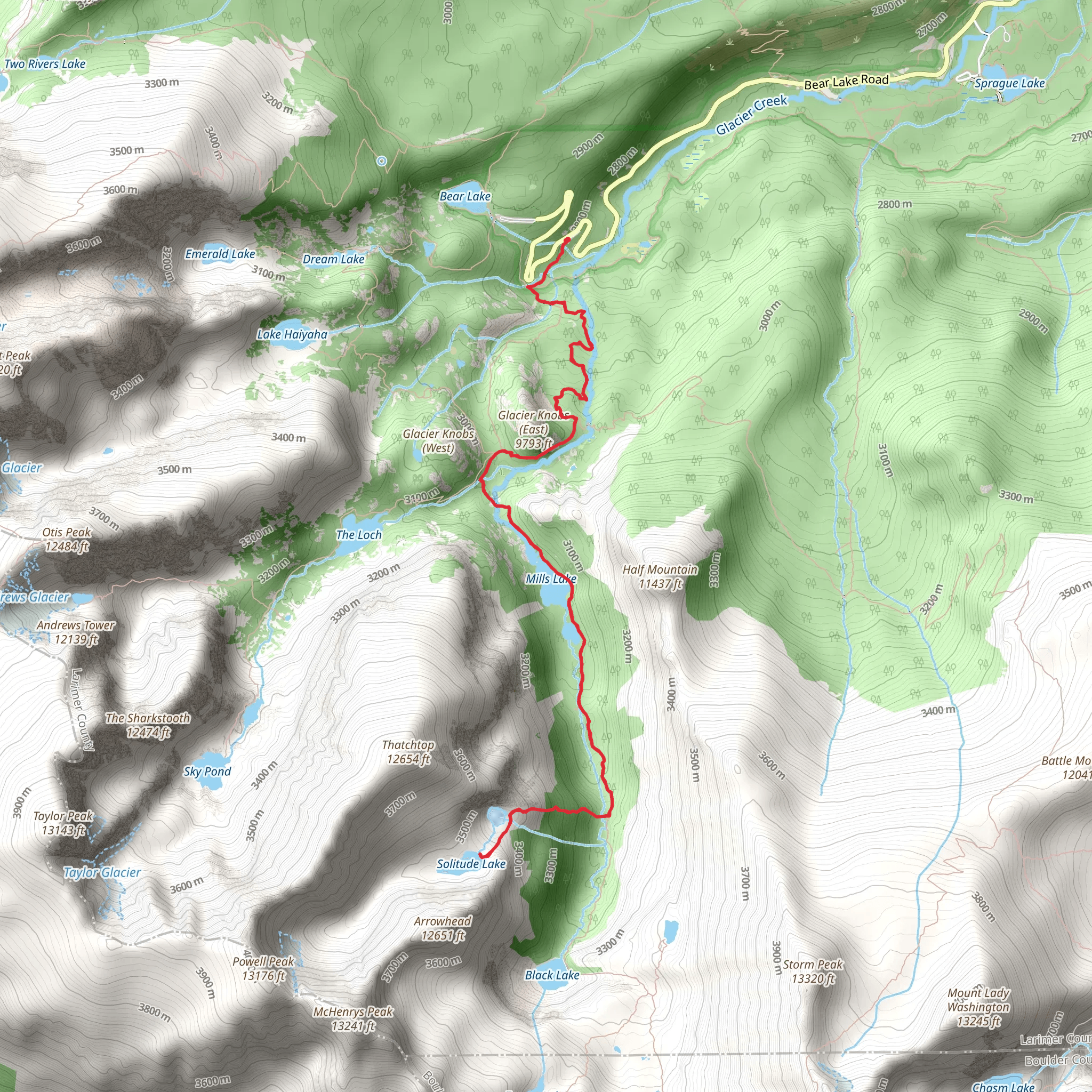 Mills Lake and Solitude Lake via Glacier Gorge Trail mobile static map
