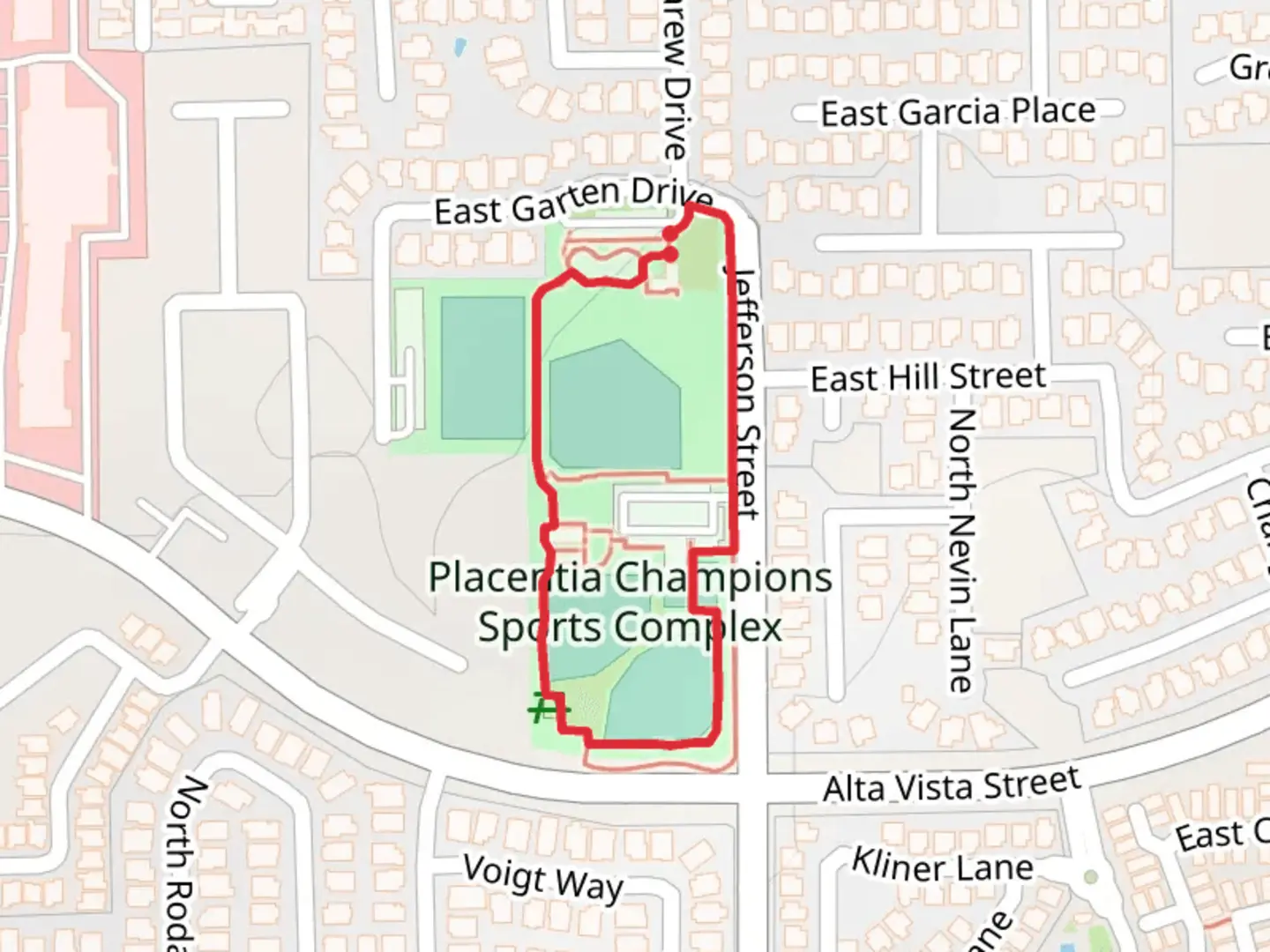 An image depicting the trail Placentia Champions Sports Complex Loop and its surrounding area.