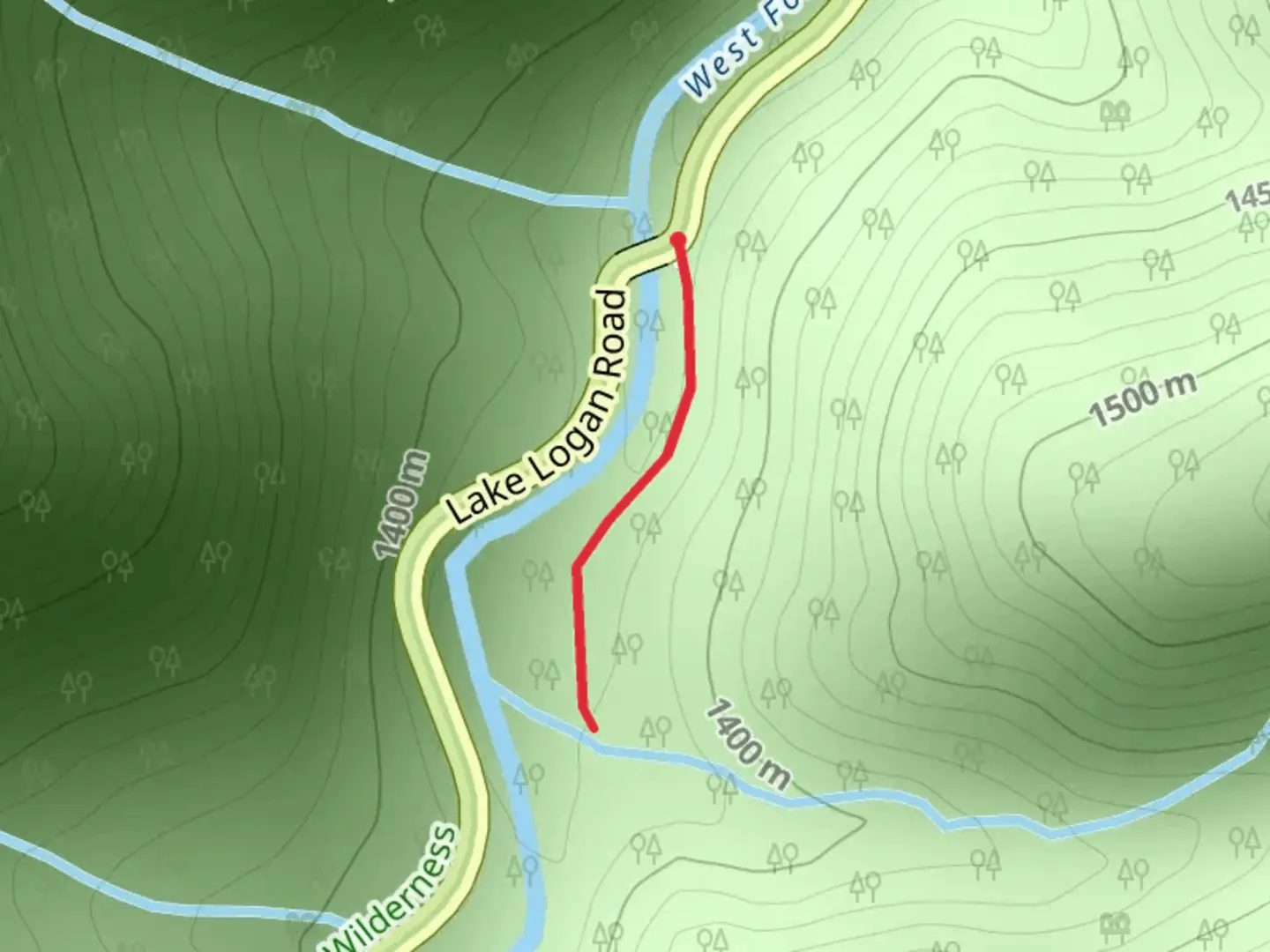 An image depicting the trail West Fork Pigeon River from Lake Logan Road and its surrounding area.