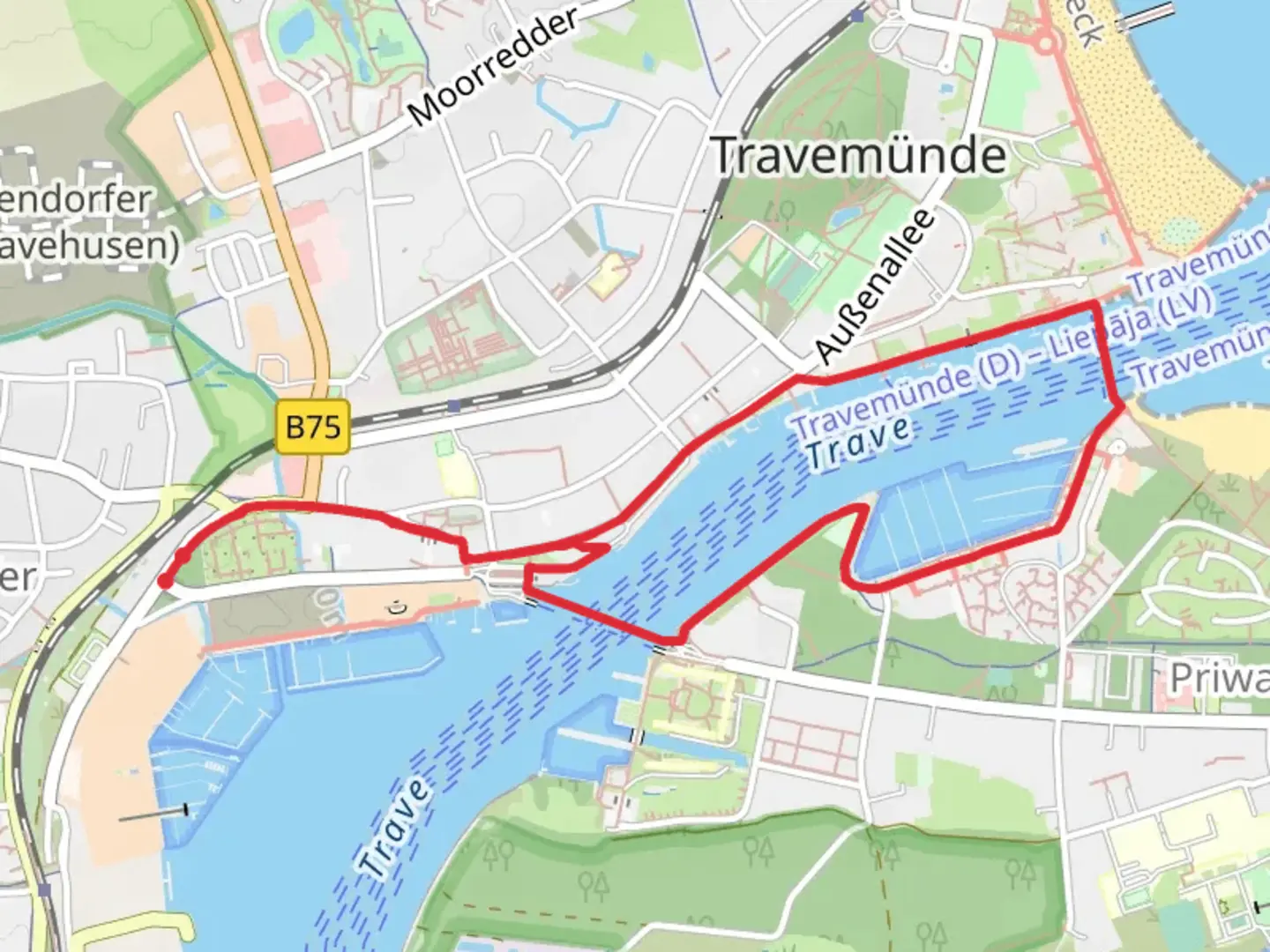 An image depicting the trail Trave via Priwallpromenade and Am Priwallhafen and its surrounding area.