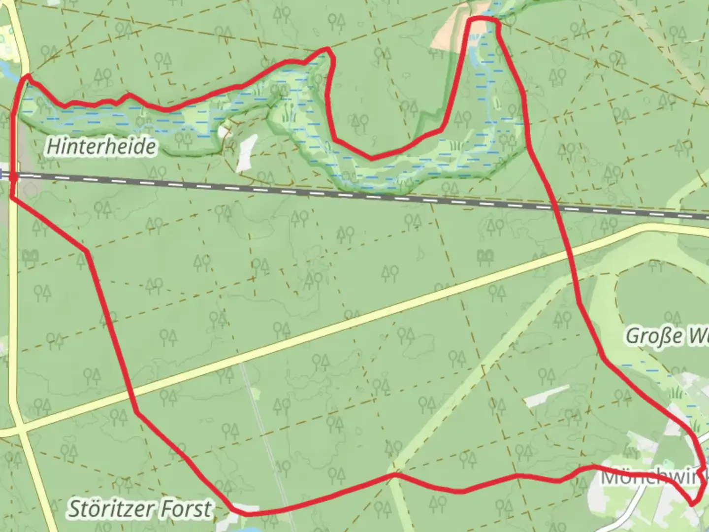 An image depicting the trail Schmalenberg and Storitzsee Loop and its surrounding area.