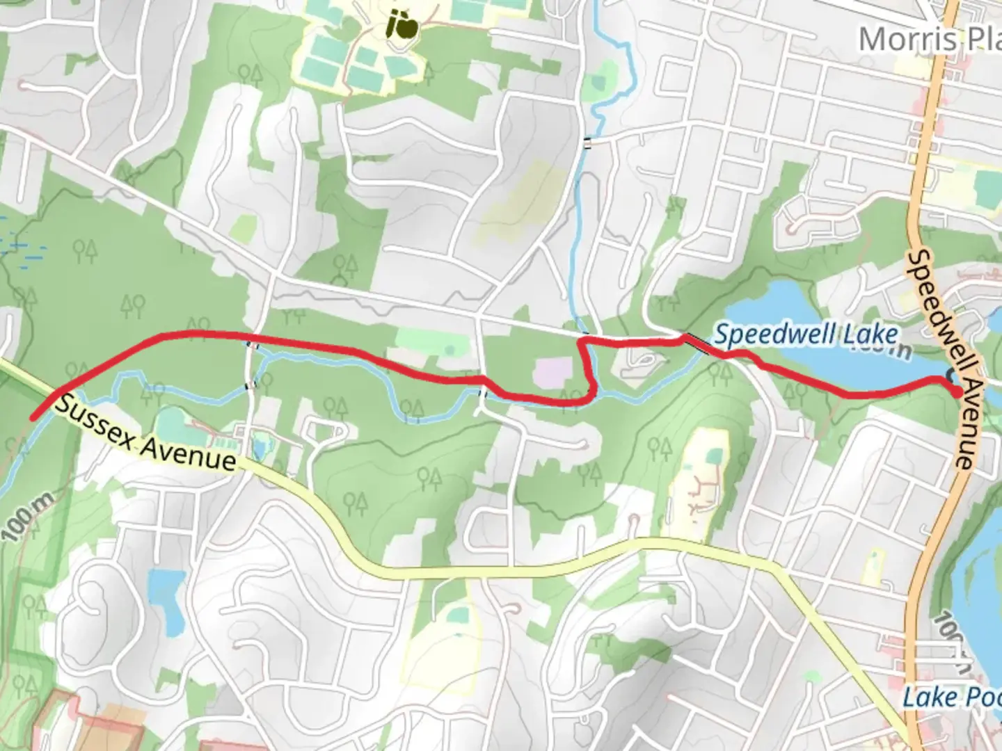 An image depicting the trail Speedwell Lake - Patriots' Path and its surrounding area.