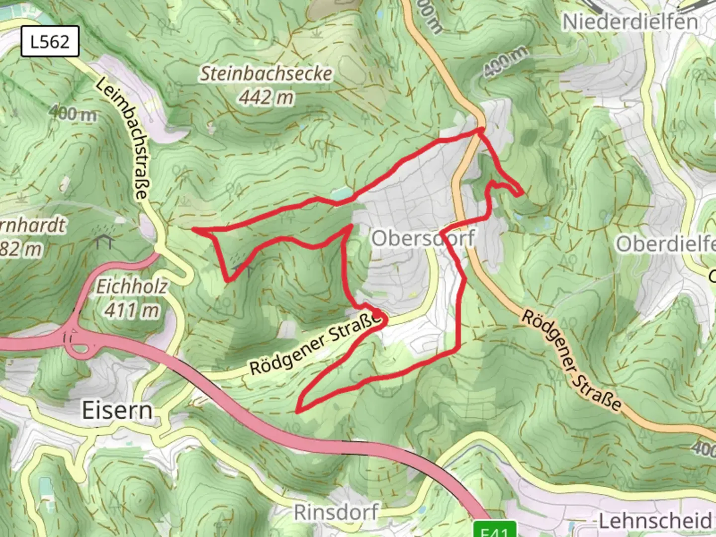 An image depicting the trail Homberg via Obersdorfer Rundweg and its surrounding area.