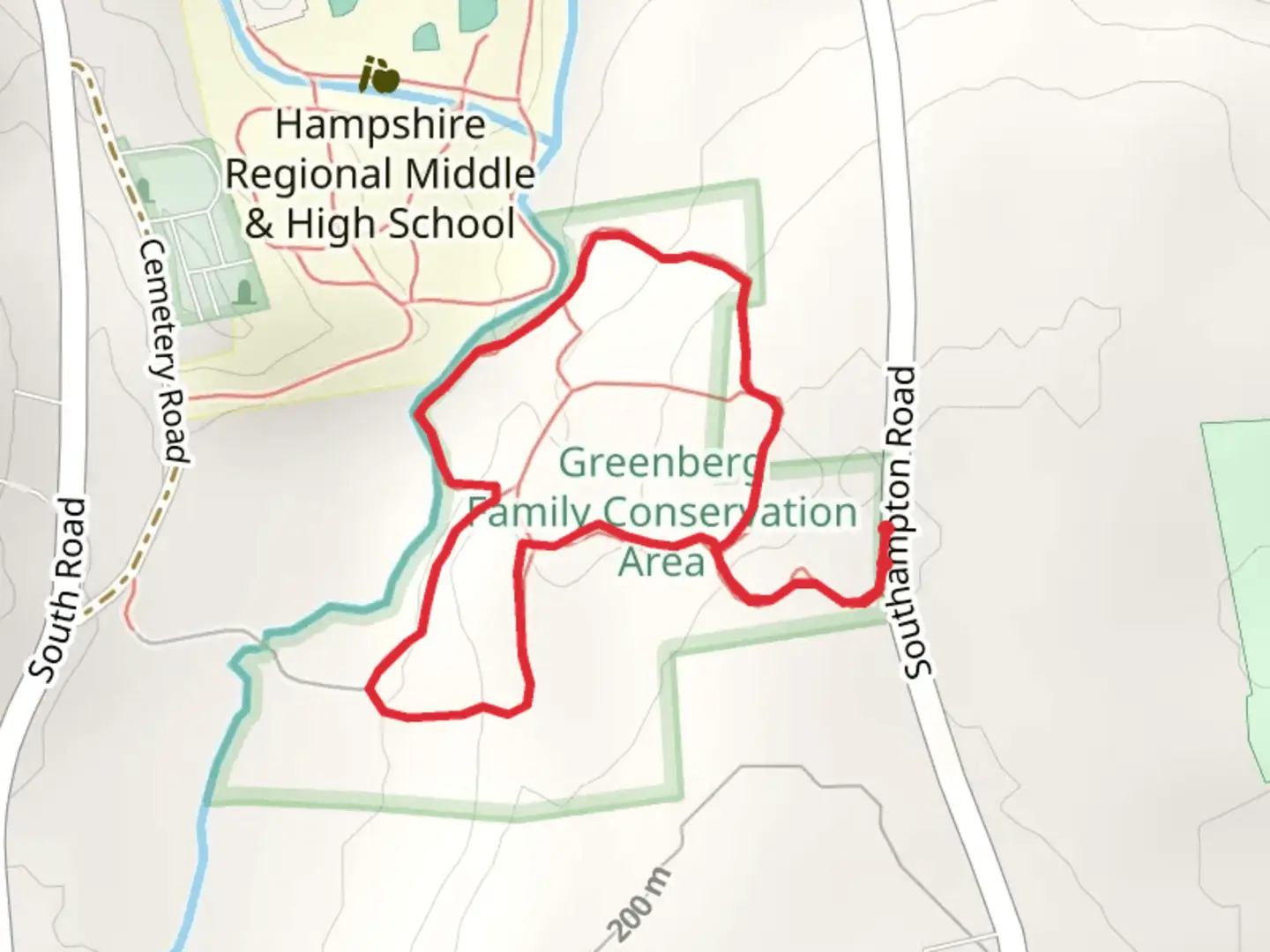 An image depicting the trail Sodom Brook from Southampton Road and its surrounding area.