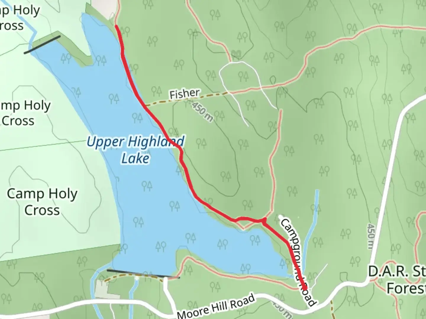 An image depicting the trail Upper Highland Lake East Bank Trail and its surrounding area.