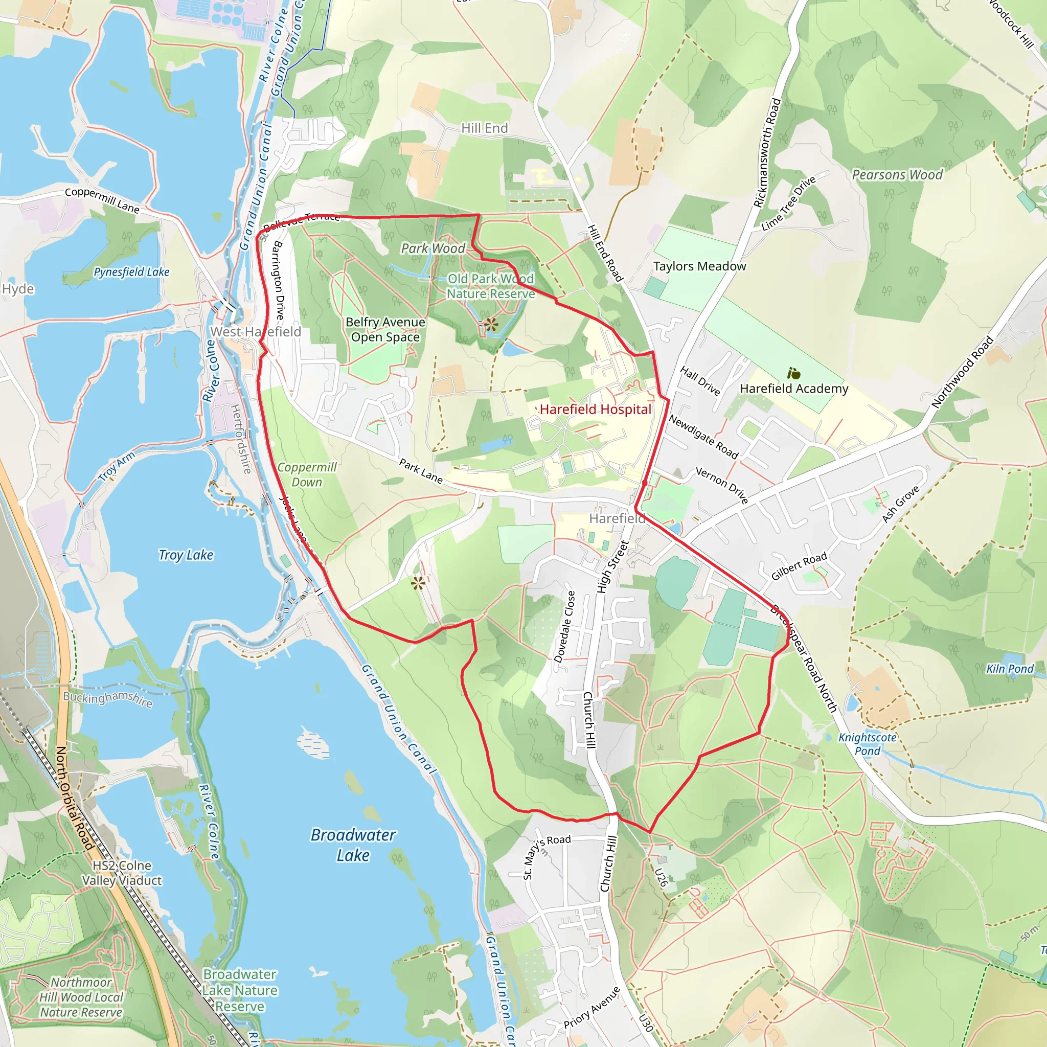 Harefield Loop via Old Park Wood Nature Reserve and Park Wood mobile static map