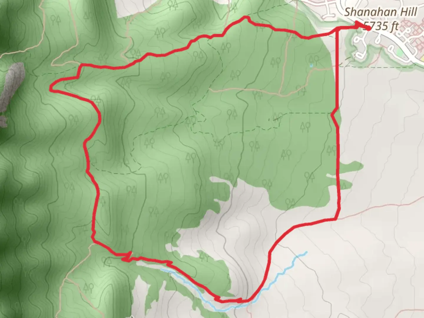 An image depicting the trail Shanahan - North and South Fork - Big Bluestream Loop Trail and its surrounding area.