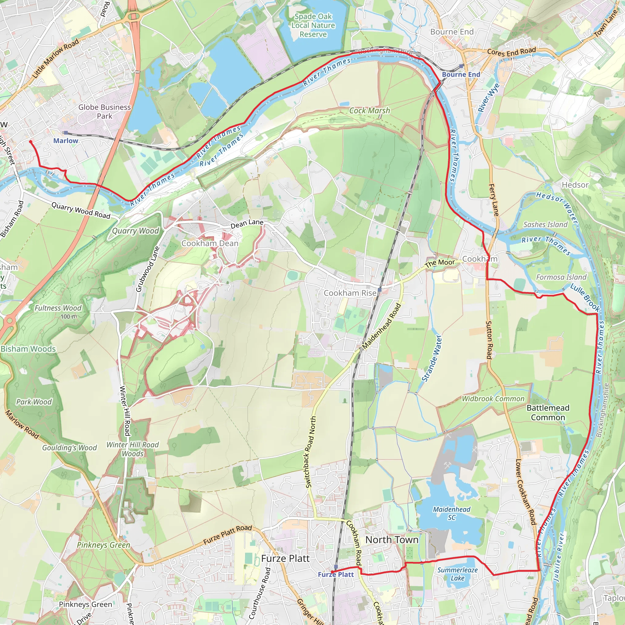 Furze Platt to Marlow Walk mobile static map