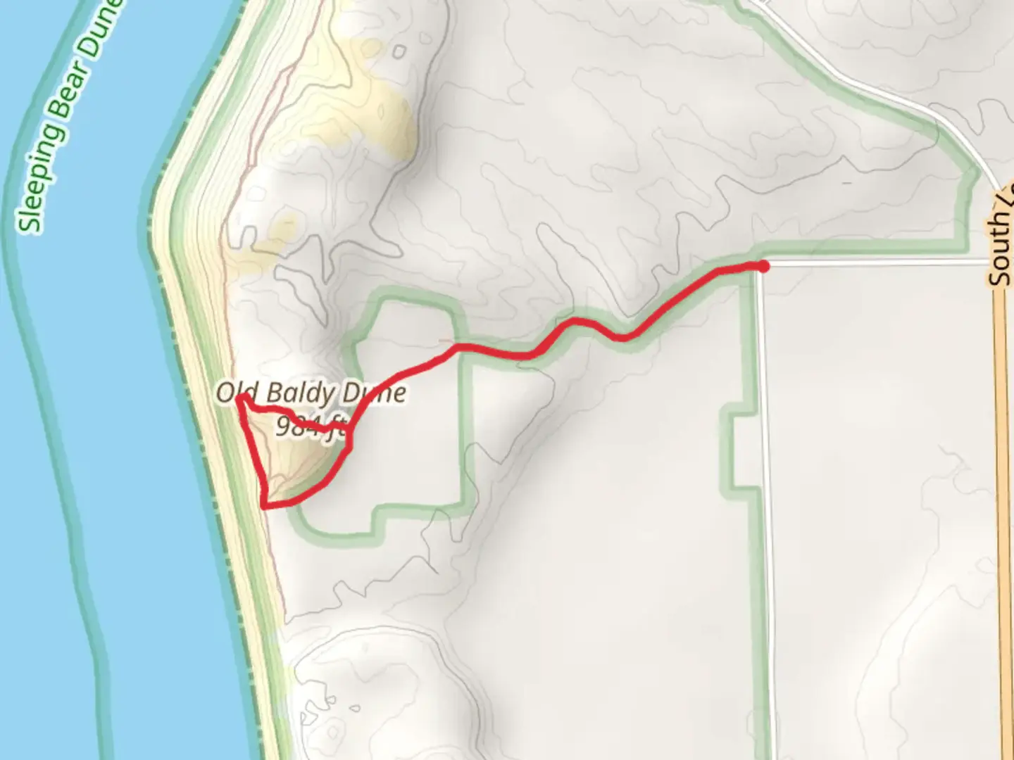 An image depicting the trail Old Baldy Dune Loop via Treat Road and its surrounding area.