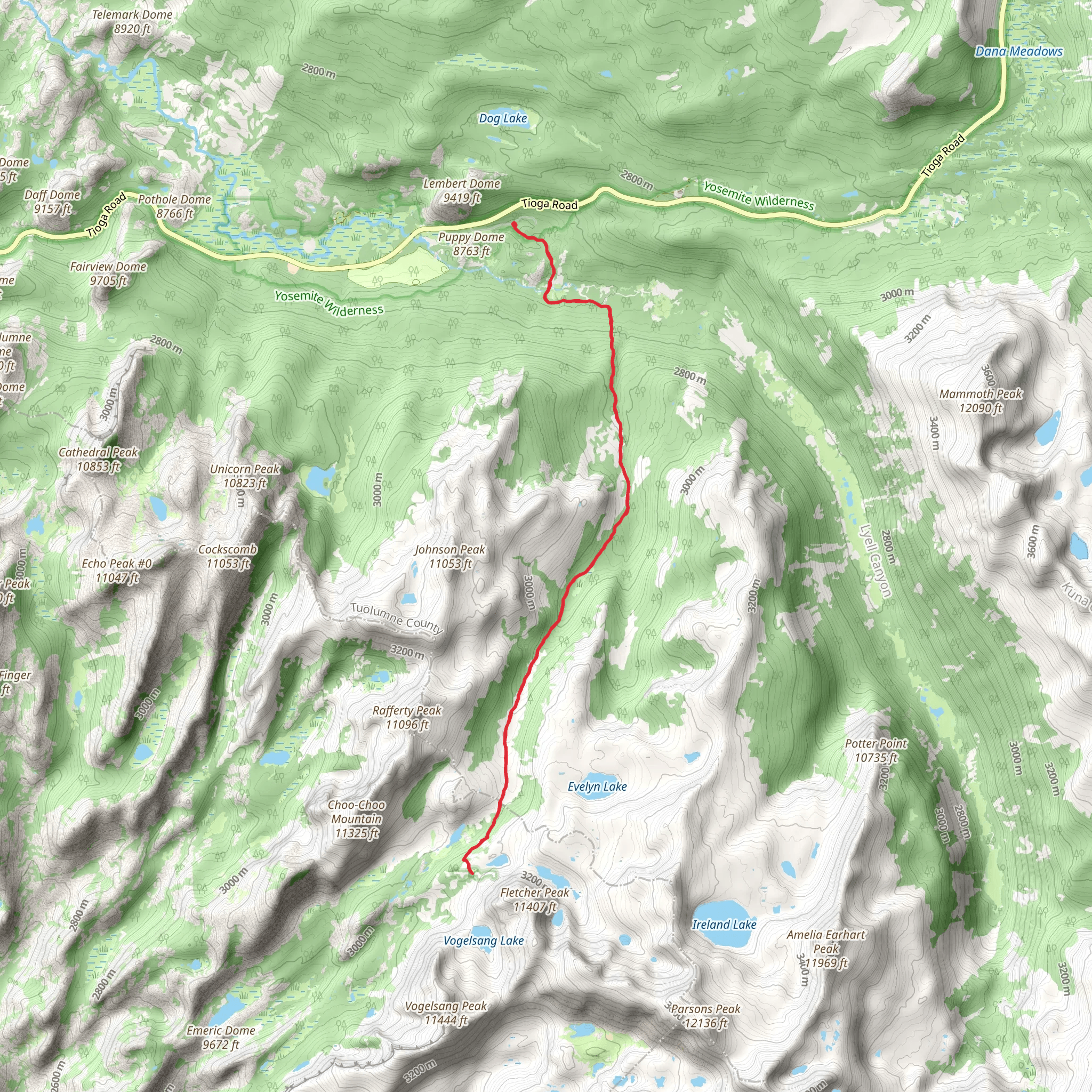 Vogelsang High Sierra Camp, Tuolumne Pass via Pacific Crest Trail mobile static map