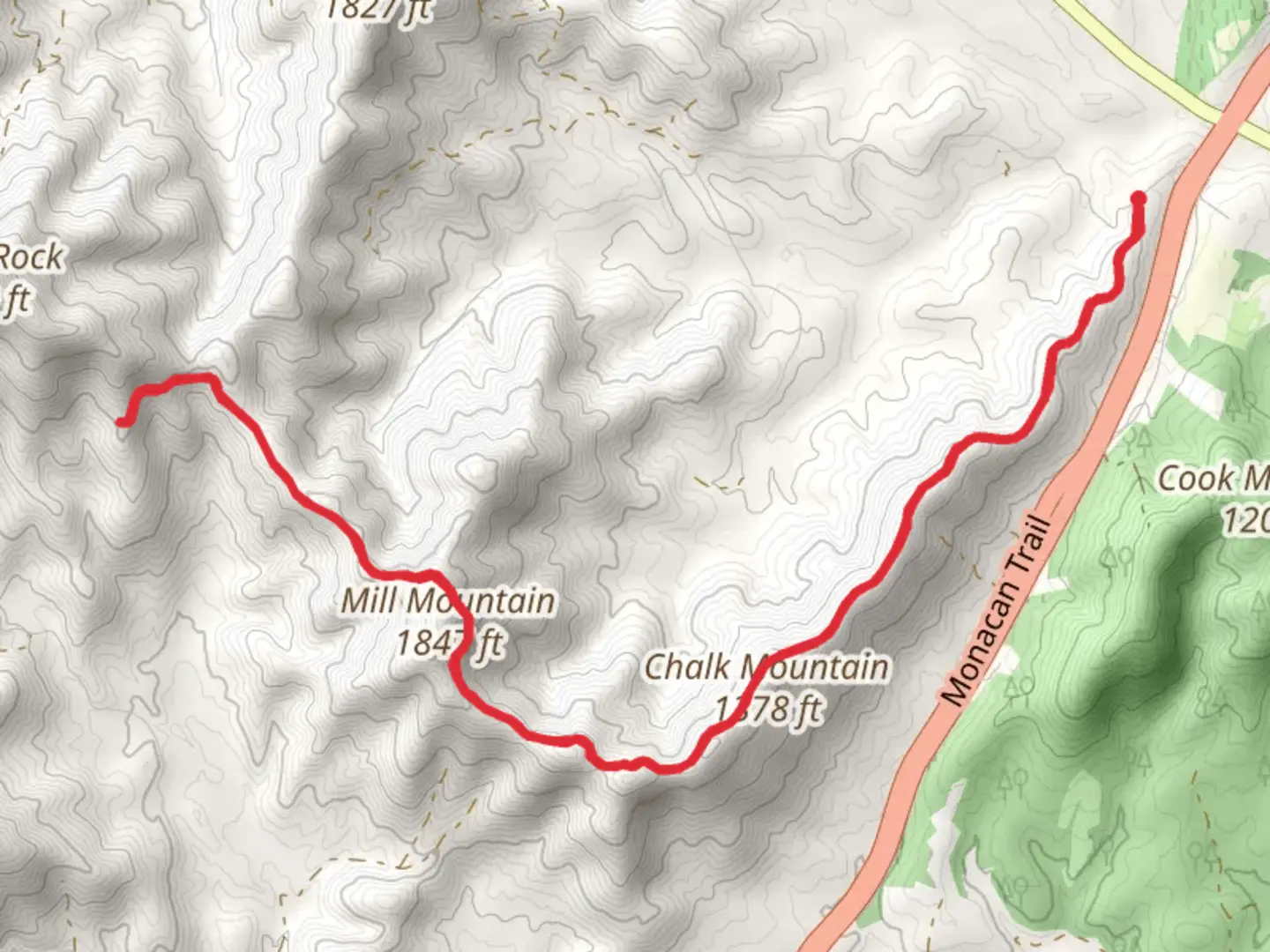 An image depicting the trail Chalk Mountain and Mill Mountain via Chalk Mountain Trail and its surrounding area.