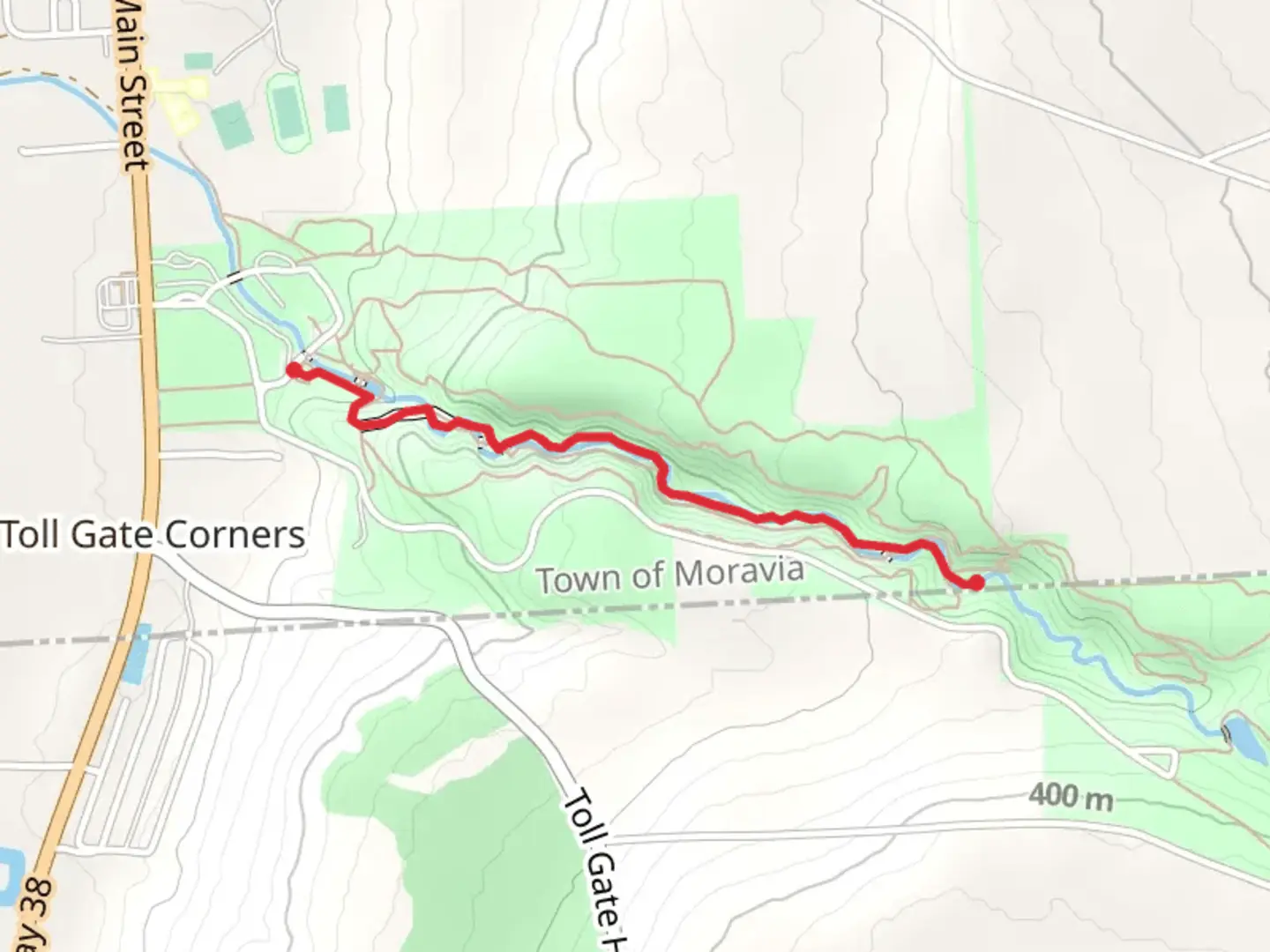 An image depicting the trail Dry Creek from Fillmore Glen State Park and its surrounding area.