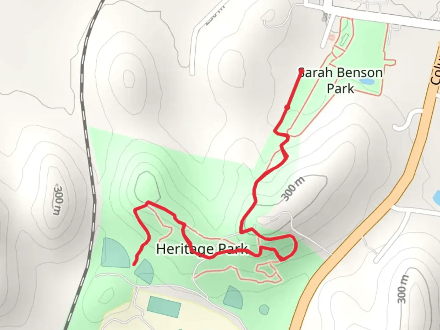 An image depicting the trail Sarah Benson Park to Heritage Park and its surrounding area.