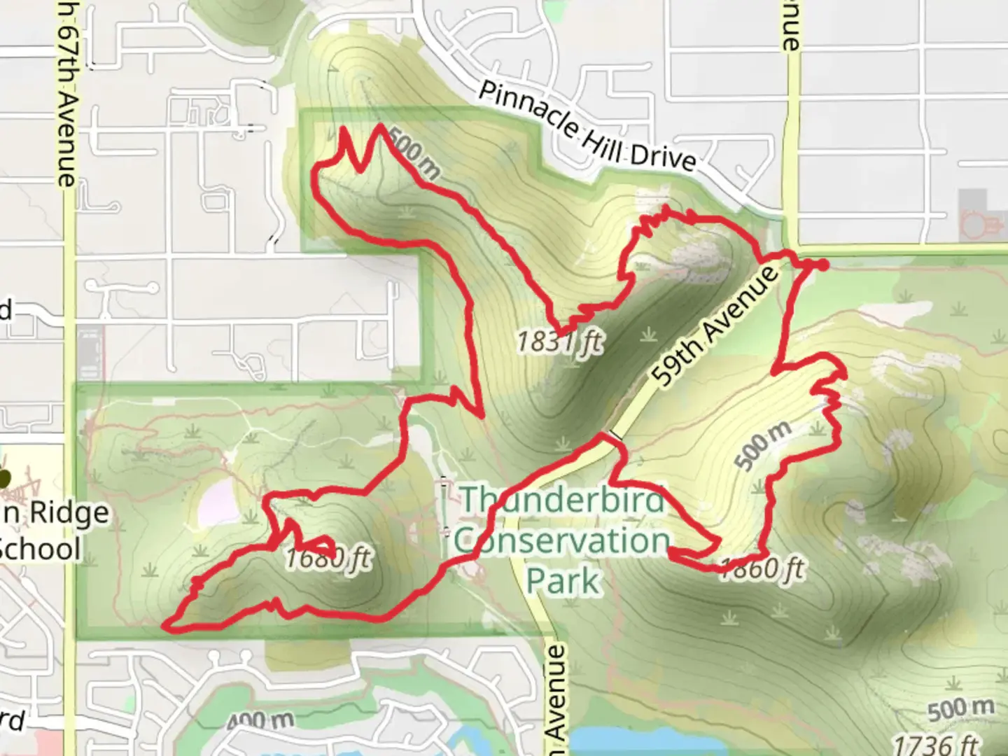 An image depicting the trail Thunderbird Conservation Park - H 1 to 4 Loop and its surrounding area.
