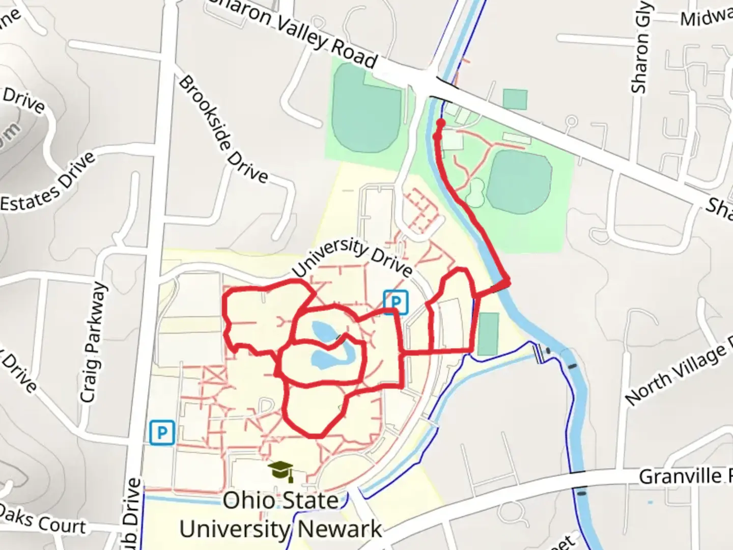 An image depicting the trail Central Ohio Technical Coll Newark Campus Loop and its surrounding area.