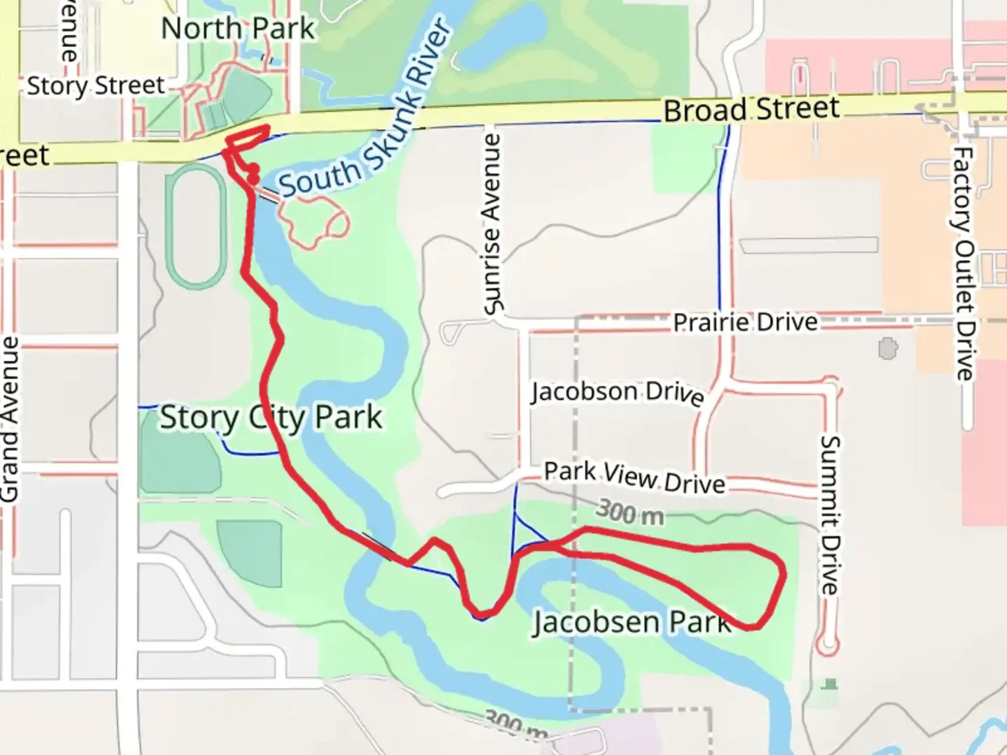 An image depicting the trail Story City Park, Jacobsen Park and South Skunk River Walk and its surrounding area.